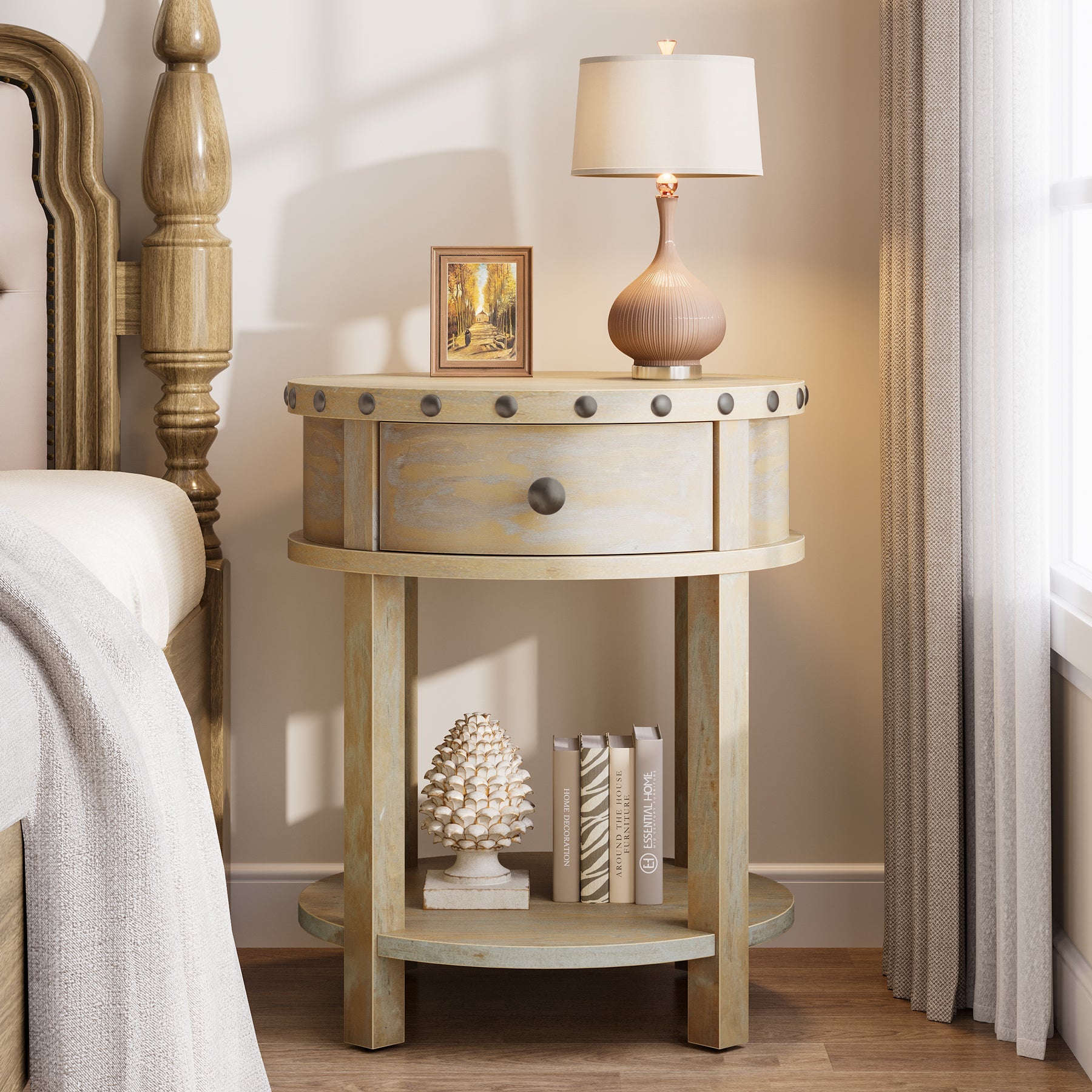 Round Nightstand, Farmhouse Wooden Bedside Table with Drawer Tribesigns