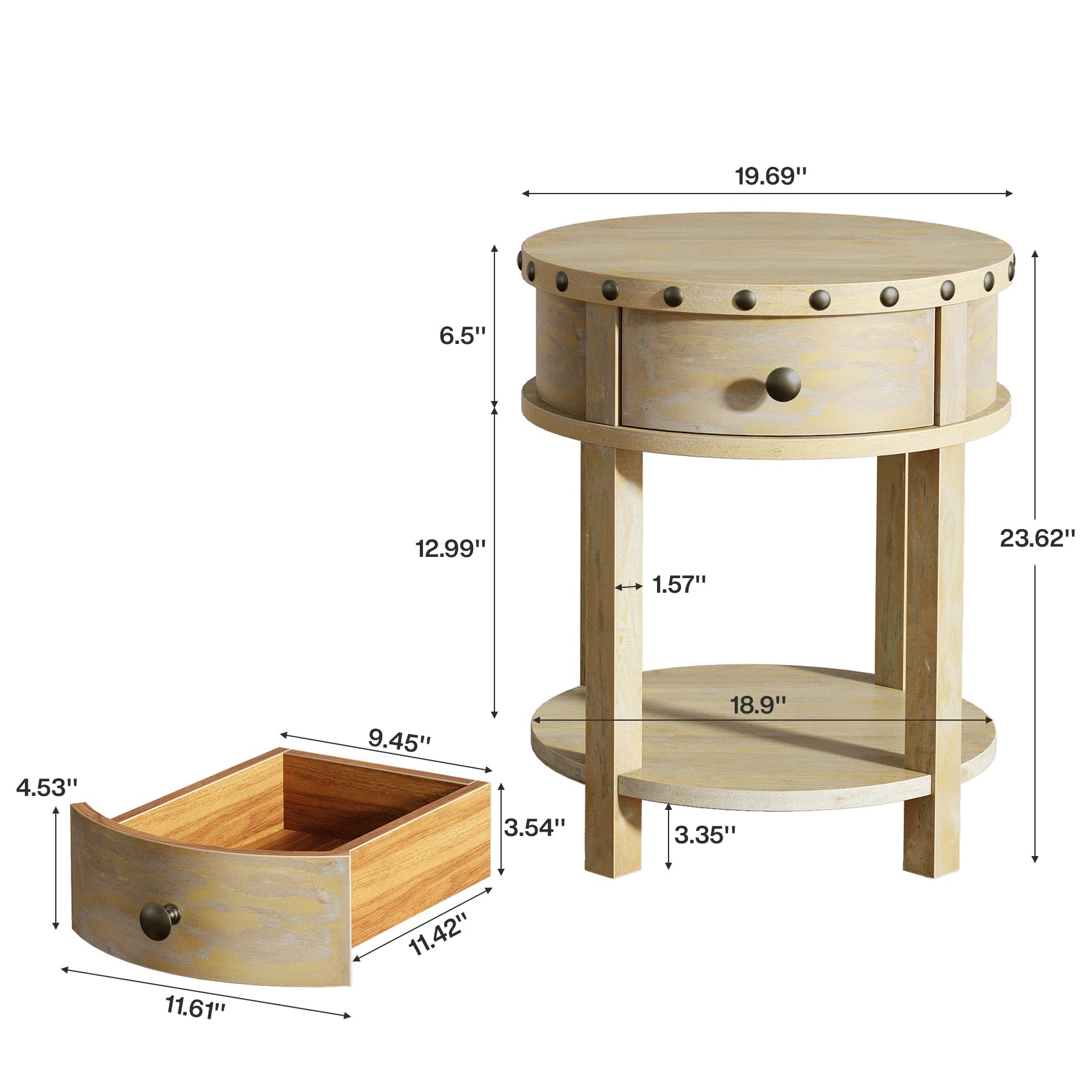 Round Nightstand, Farmhouse Wooden Bedside Table with Drawer Tribesigns