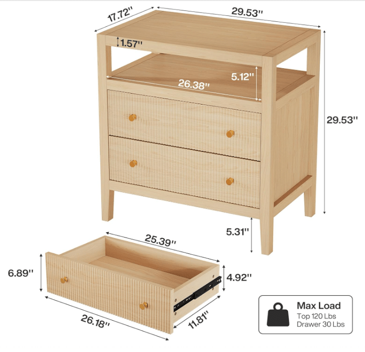 29.5" Farmhouse Nightstand, 2-Drawer Wide Bedside Table with Open Storage Shelf