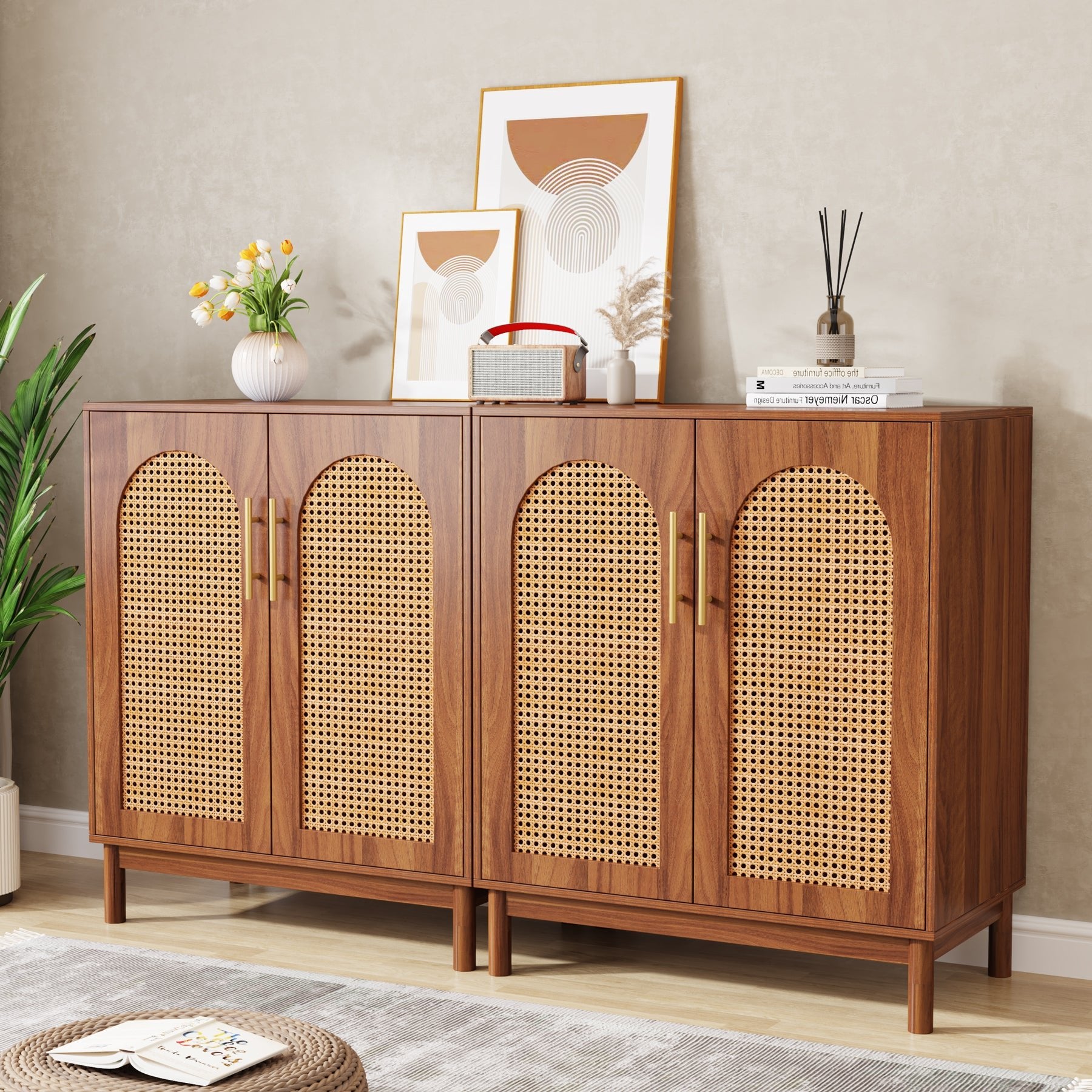 Sideboard Buffet Set of 2, Accent Rattan Storage Cabinet with Doors Tribesigns