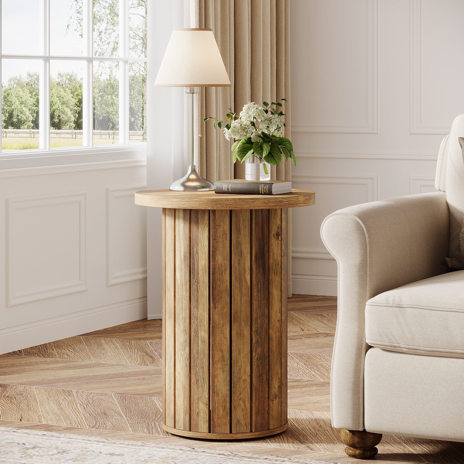 Small End Table, Round Wooden Couch Side Table with Pedestal Base Tribesigns