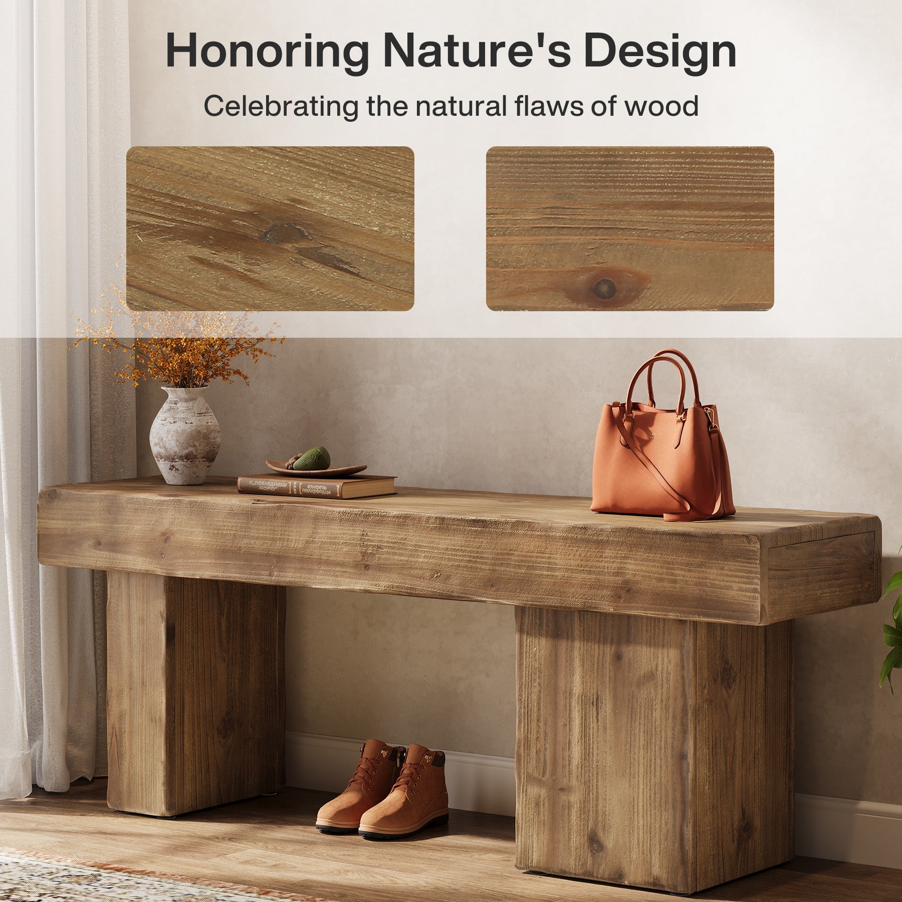 Solid Wood Bench, 47" Farmhouse Entryway Bench with Artistic Legs Tribesigns