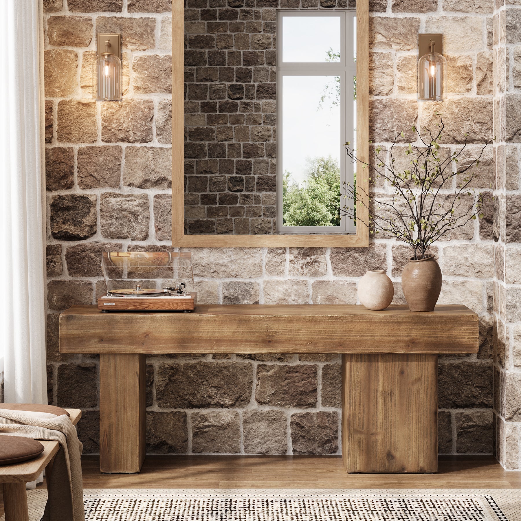 Solid Wood Bench, 47" Farmhouse Entryway Bench with Artistic Legs Tribesigns