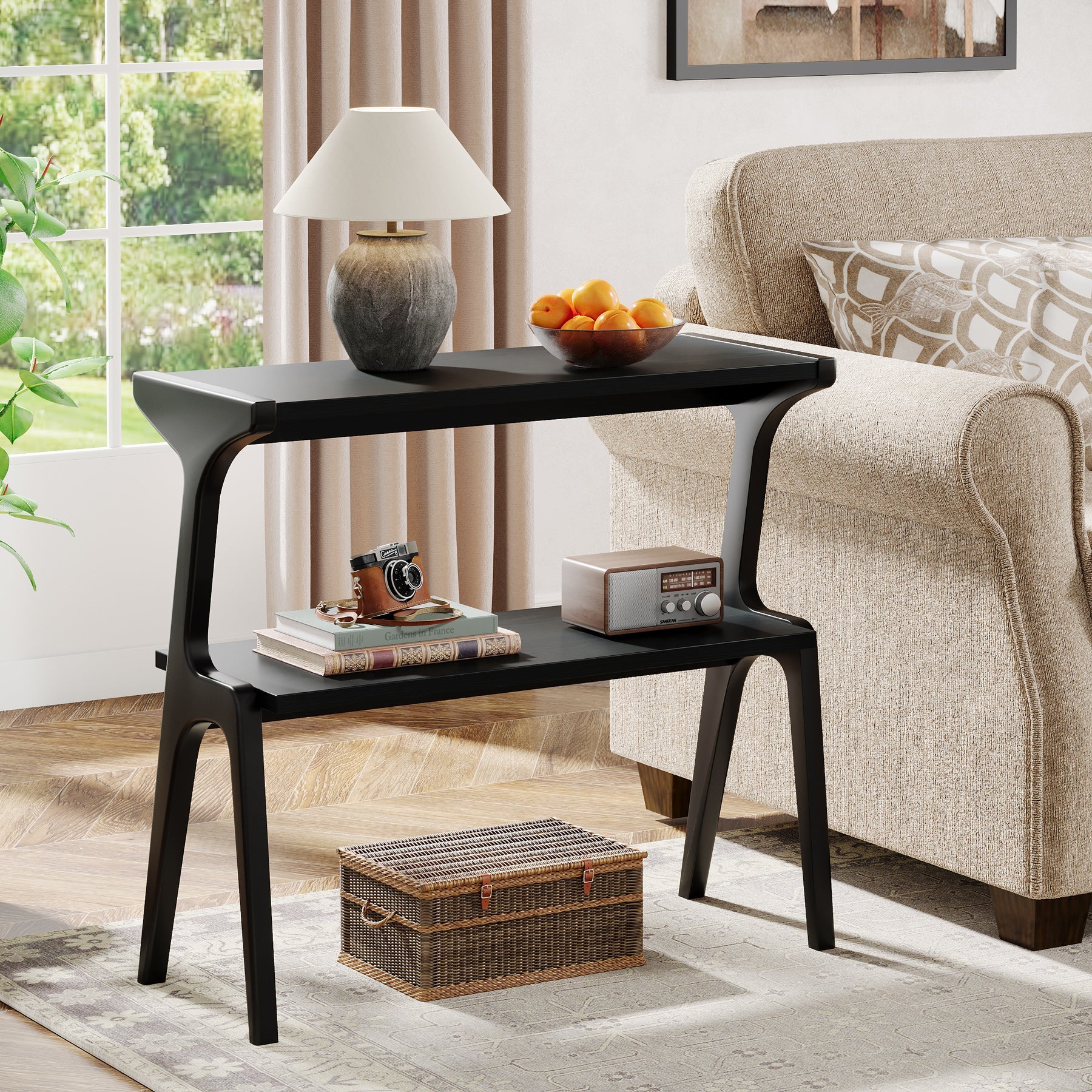 Solid Wood End Table, 2 - Tier Sofa Side Table with Storage Shelf Tribesigns