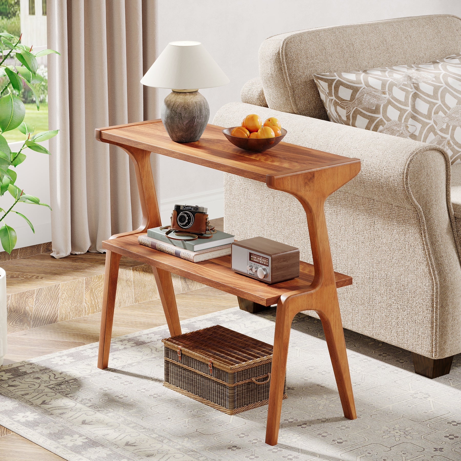 Solid Wood End Table, 2 - Tier Sofa Side Table with Storage Shelf Tribesigns