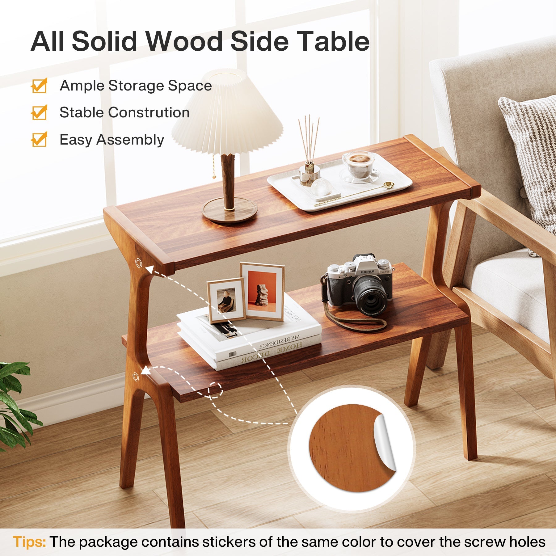 Solid Wood End Table, 2 - Tier Sofa Side Table with Storage Shelf Tribesigns