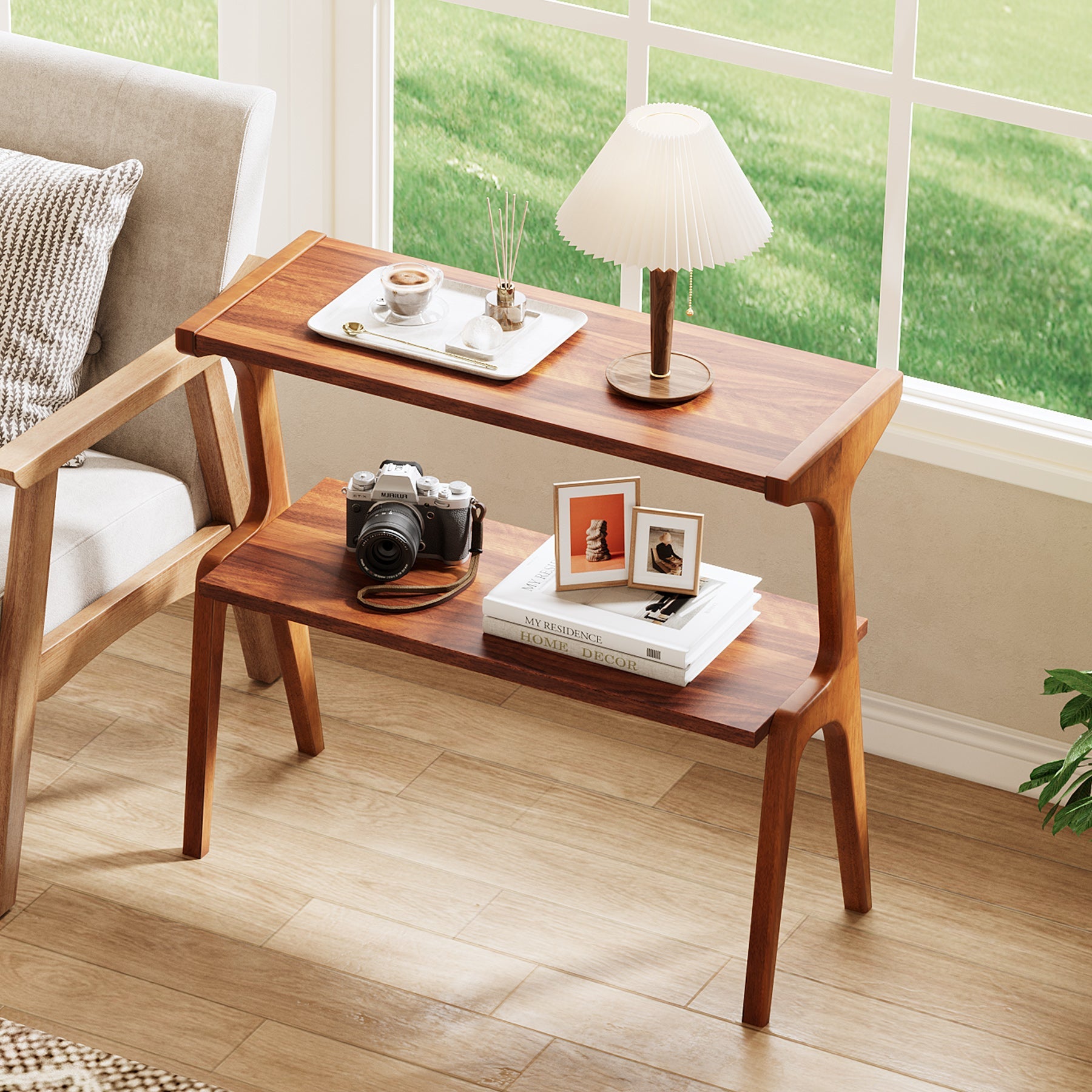 Solid Wood End Table, 2 - Tier Sofa Side Table with Storage Shelf Tribesigns