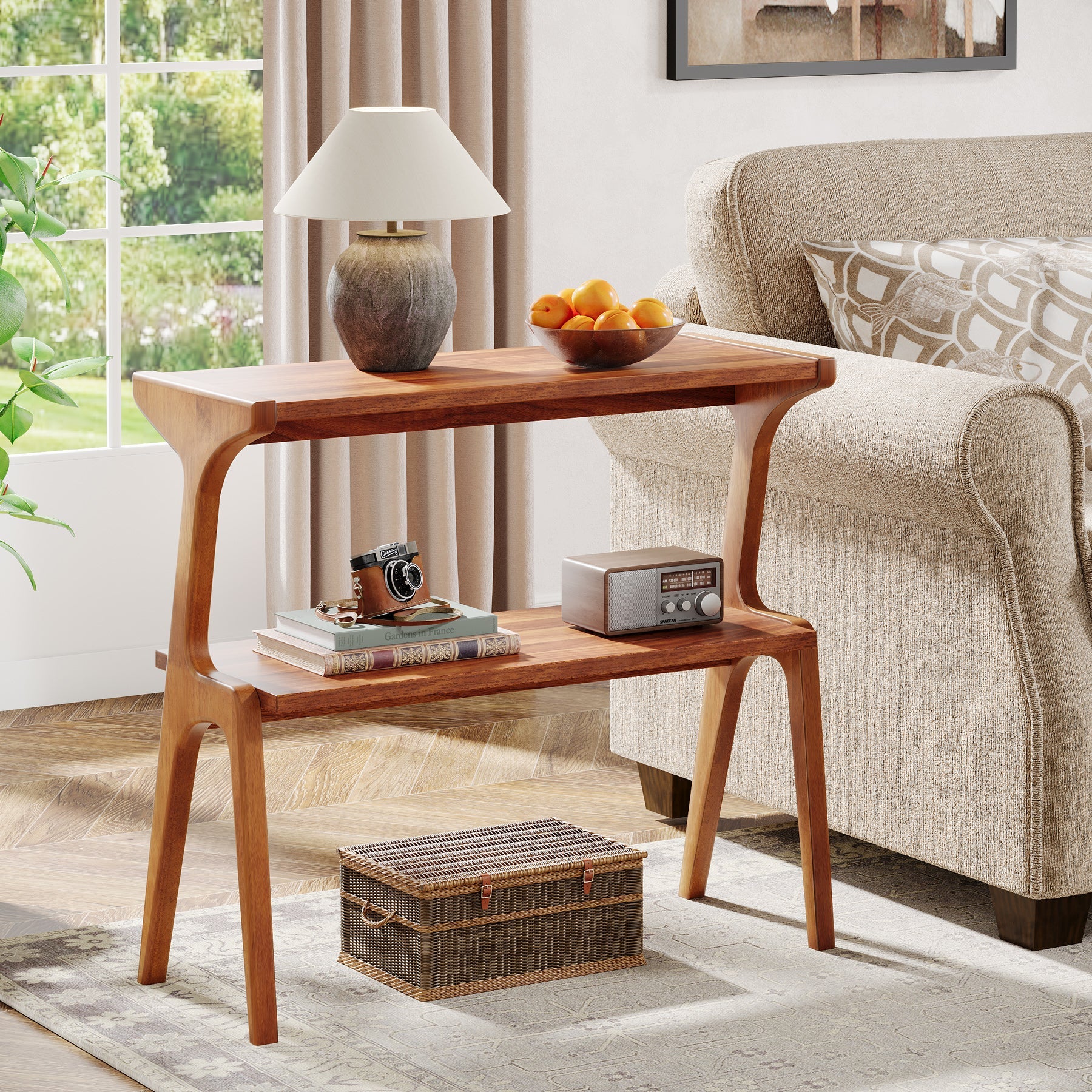 Solid Wood End Table, 2 - Tier Sofa Side Table with Storage Shelf Tribesigns