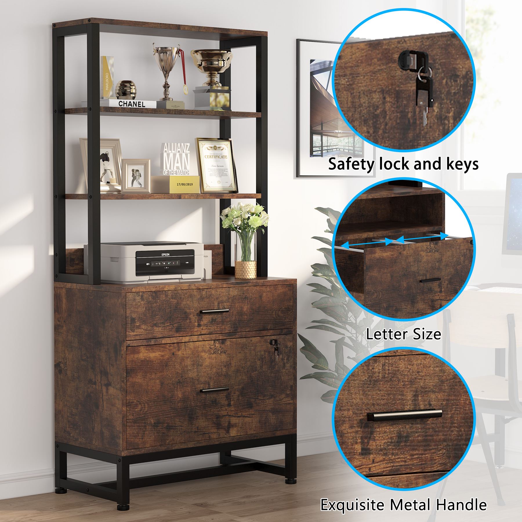 Tribesigns 2 - Drawer File Cabinet, Vertical Filing Cabinet with Lock & Bookshelf Tribesigns