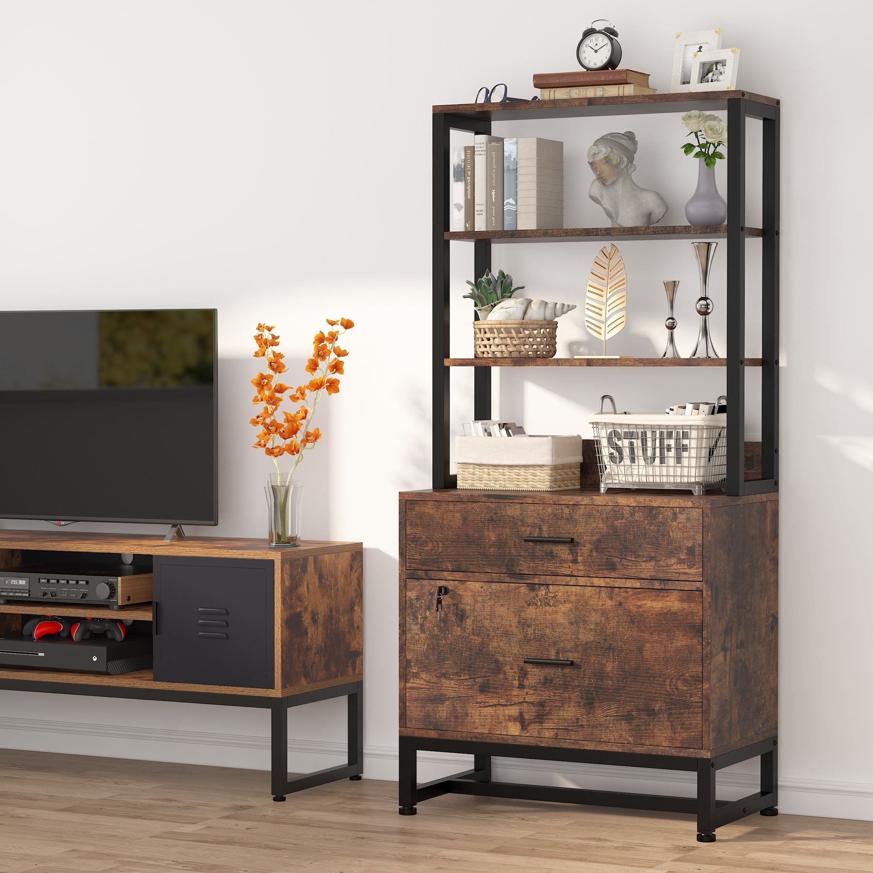 Tribesigns 2 - Drawer File Cabinet, Vertical Filing Cabinet with Lock & Bookshelf Tribesigns
