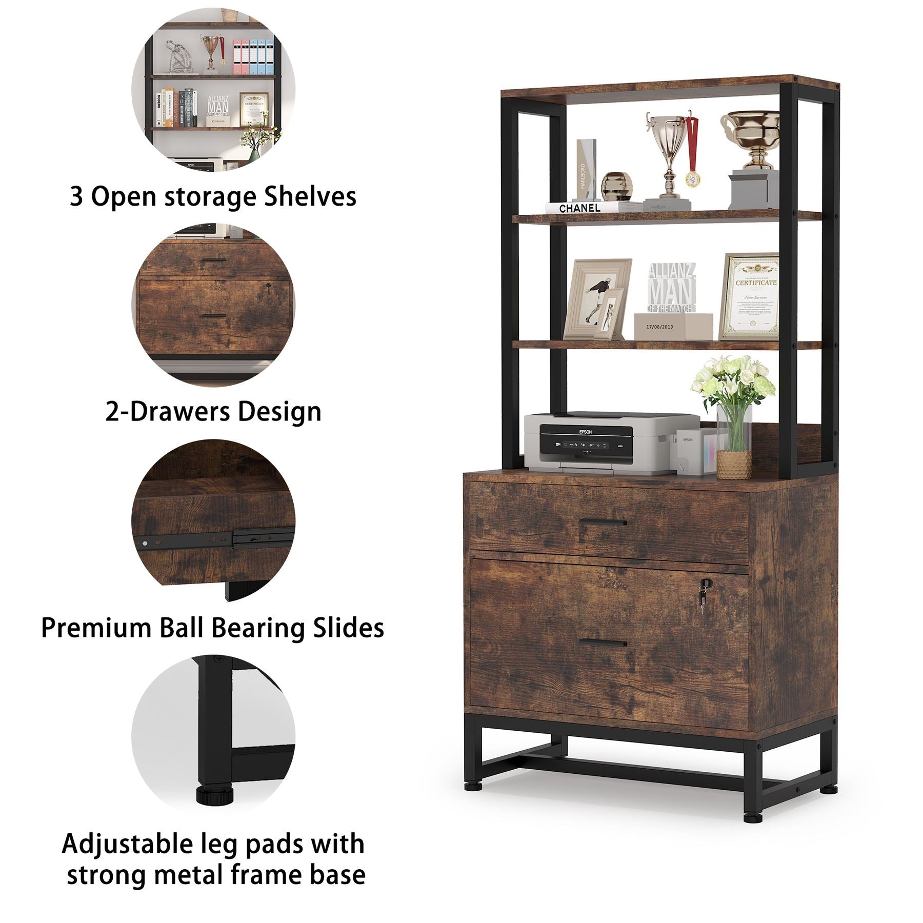 Tribesigns 2 - Drawer File Cabinet, Vertical Filing Cabinet with Lock & Bookshelf Tribesigns