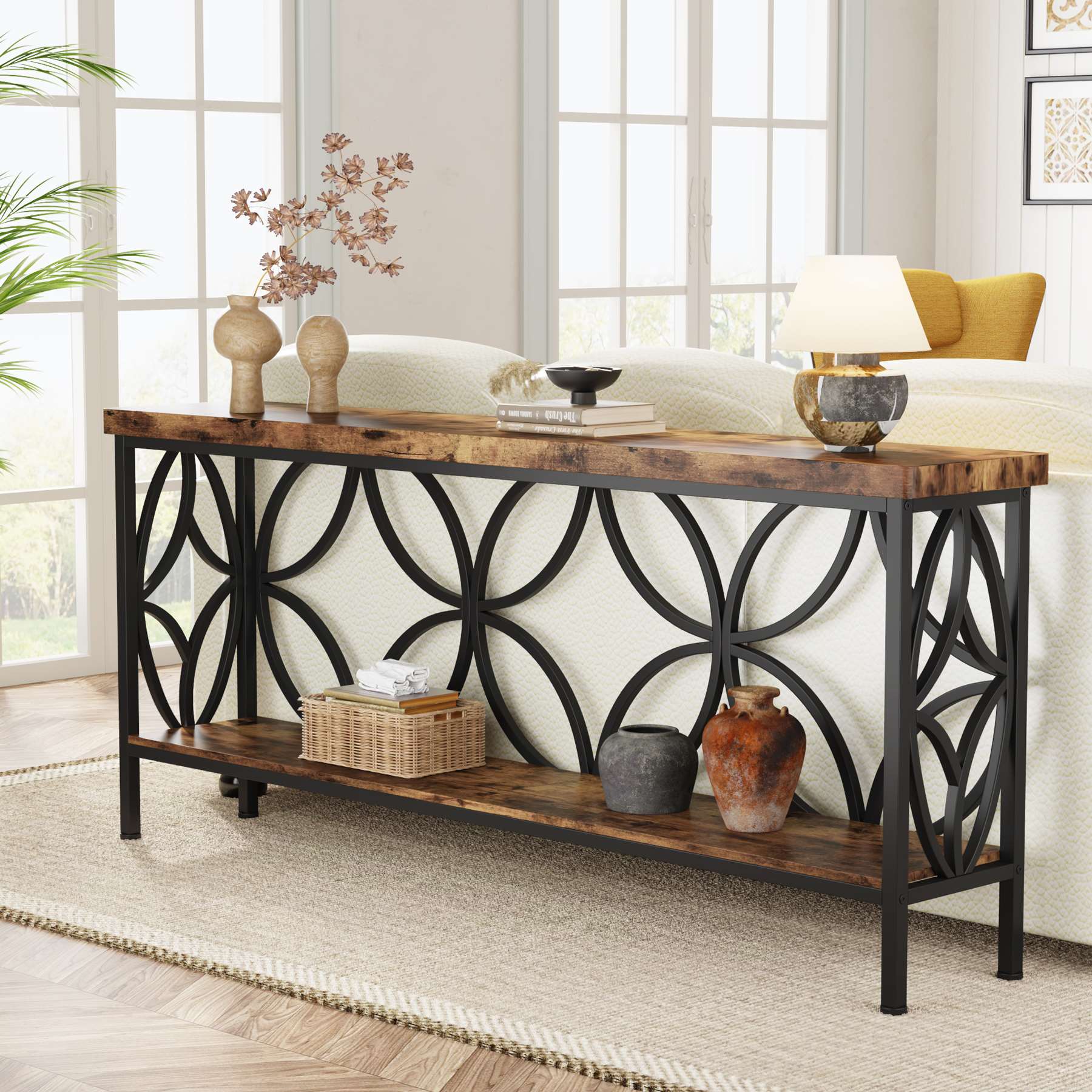 HR709 東海家具 New Mahogany Console Table 70.9 Inch Extra Long Sofa Table, Farmhouse Sofa Table-Tribesigns