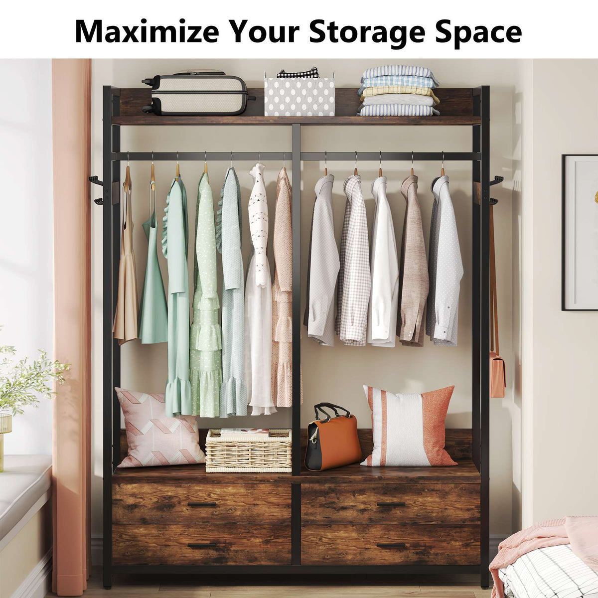 Tribesigns Freestanding Closet Organizer, Garment Rack with Drawers & Shelves Tribesigns