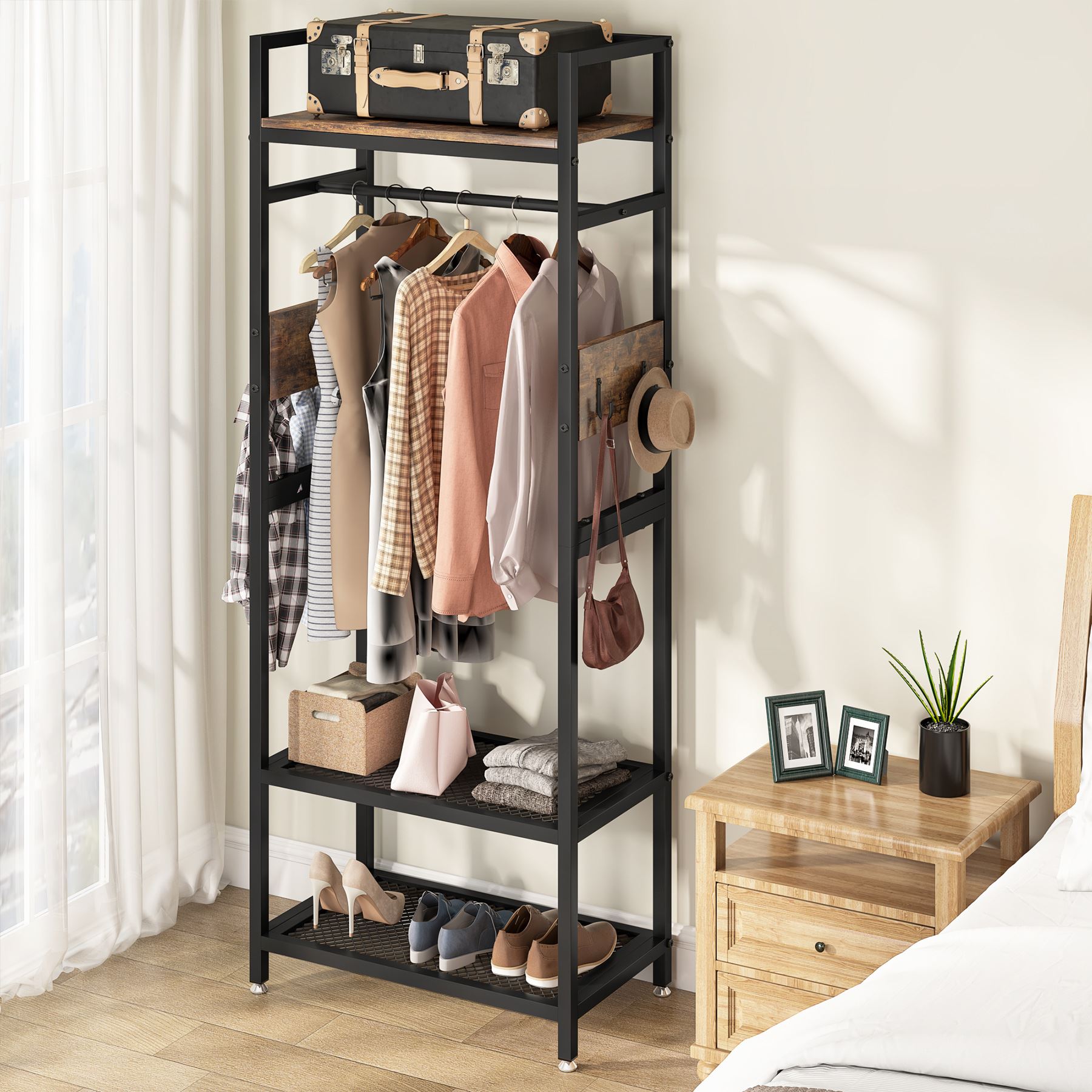 The bedroom scene features a Tribesigns's Freestanding Closet Organizer next to the window, adding a touch of functionality and style to the space.