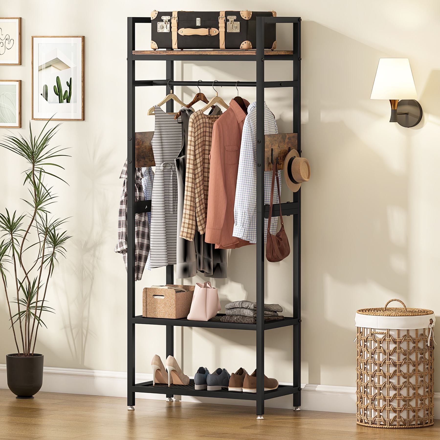 Front view of Tribesigns's Freestanding Closet Organizer, Small Entryway Coat Garments Rack, showcasing its minimalist design and space-saving features.