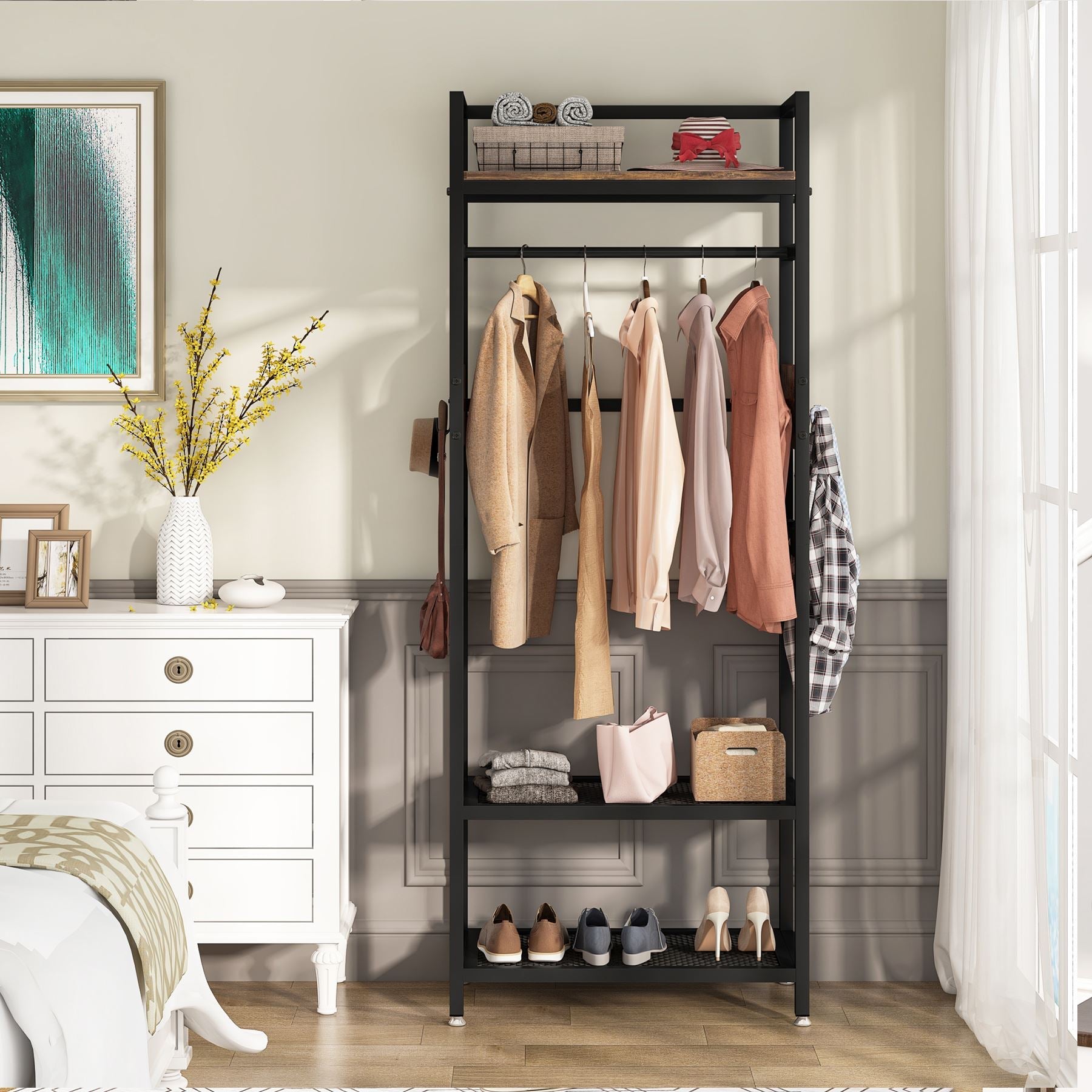 Tribesigns Freestanding Closet Organizer, Small Entryway Coat Garments Rack in a cozy room setting, with a few stylish coats and accessories hanging, blending seamlessly with the modern decor.