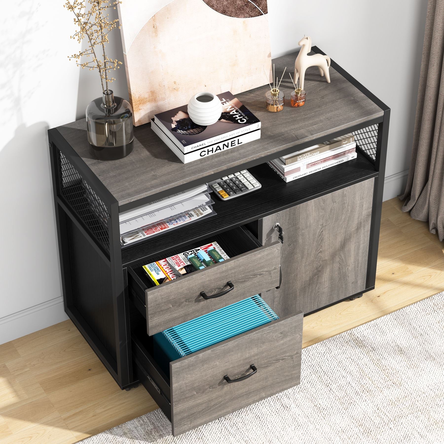 Tribesigns's Printer stand with wooden storage drawers for office supplies, black and grey color.
