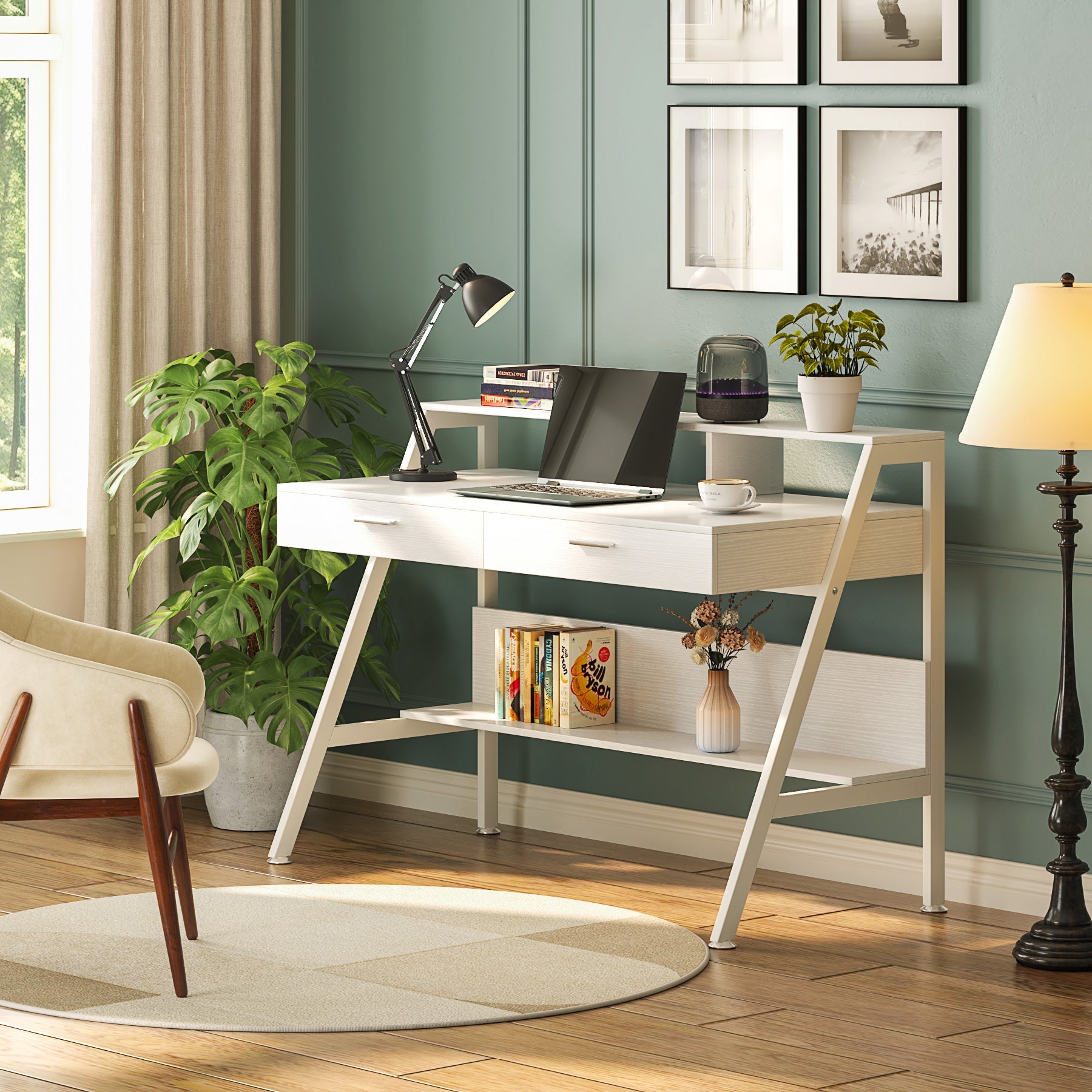 55" L Shaped Computer Desk With Hutch & Drawers, Reversible Gaming Desk With LED & Open Shelves Home Office Monitor Stand Storage Bag Power Outlets Corner Writing Study D