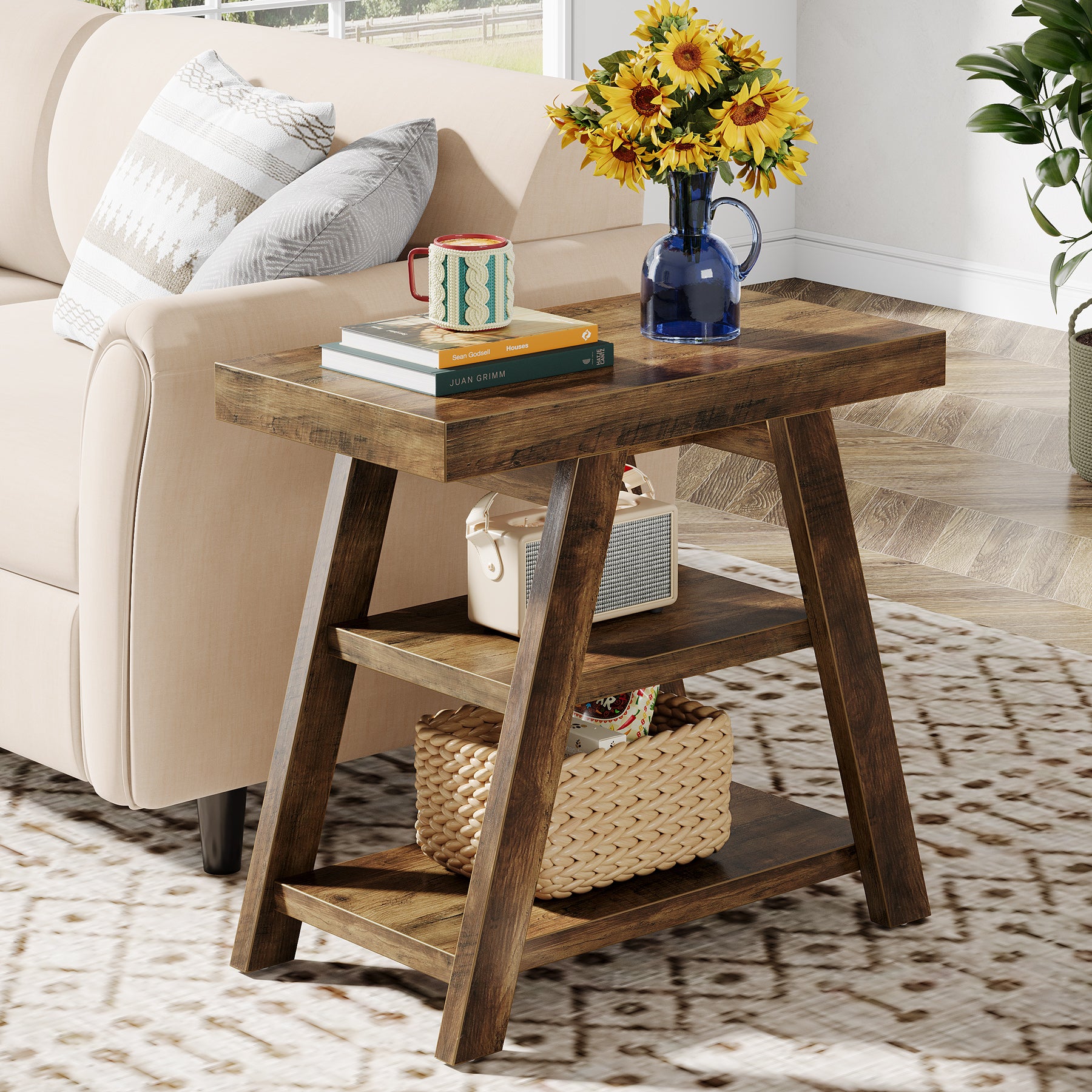 Farmhouse End Table, 3-Tier Sofa Side Table with Storage Shelf for Living Room