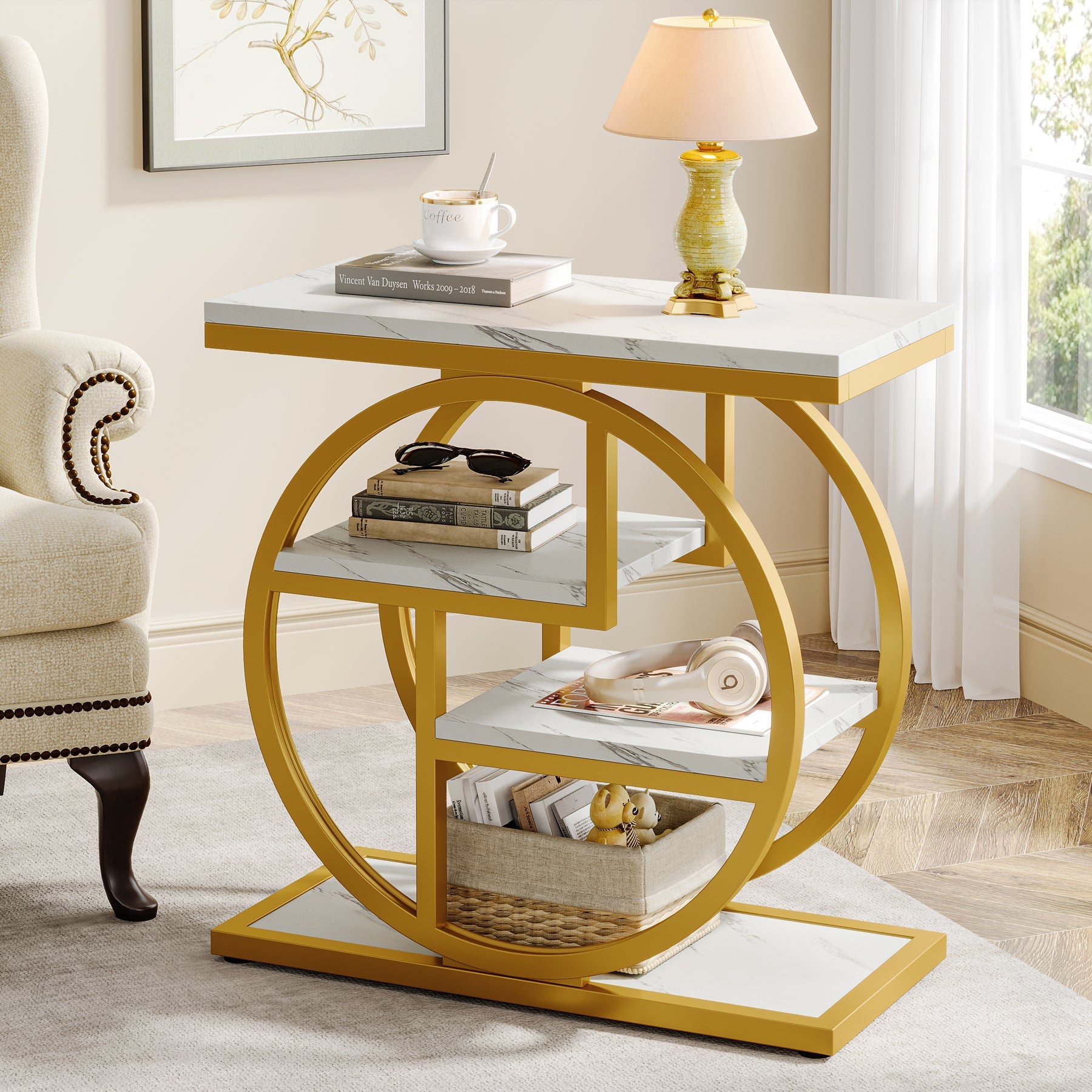 Wood End Table, 4 - Tier Side Table with Storage Shelves Tribesigns