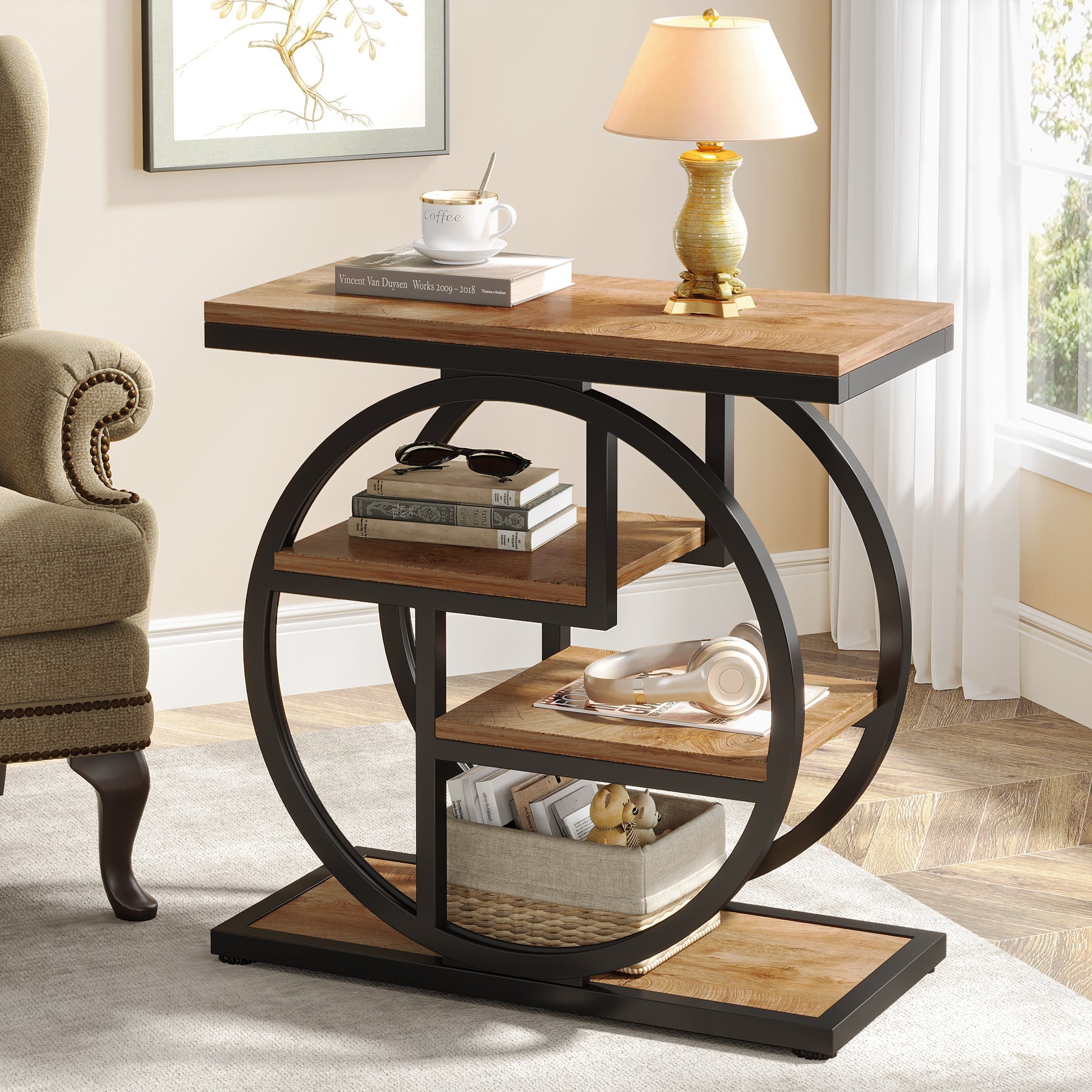 Wood End Table, 4 - Tier Side Table with Storage Shelves Tribesigns