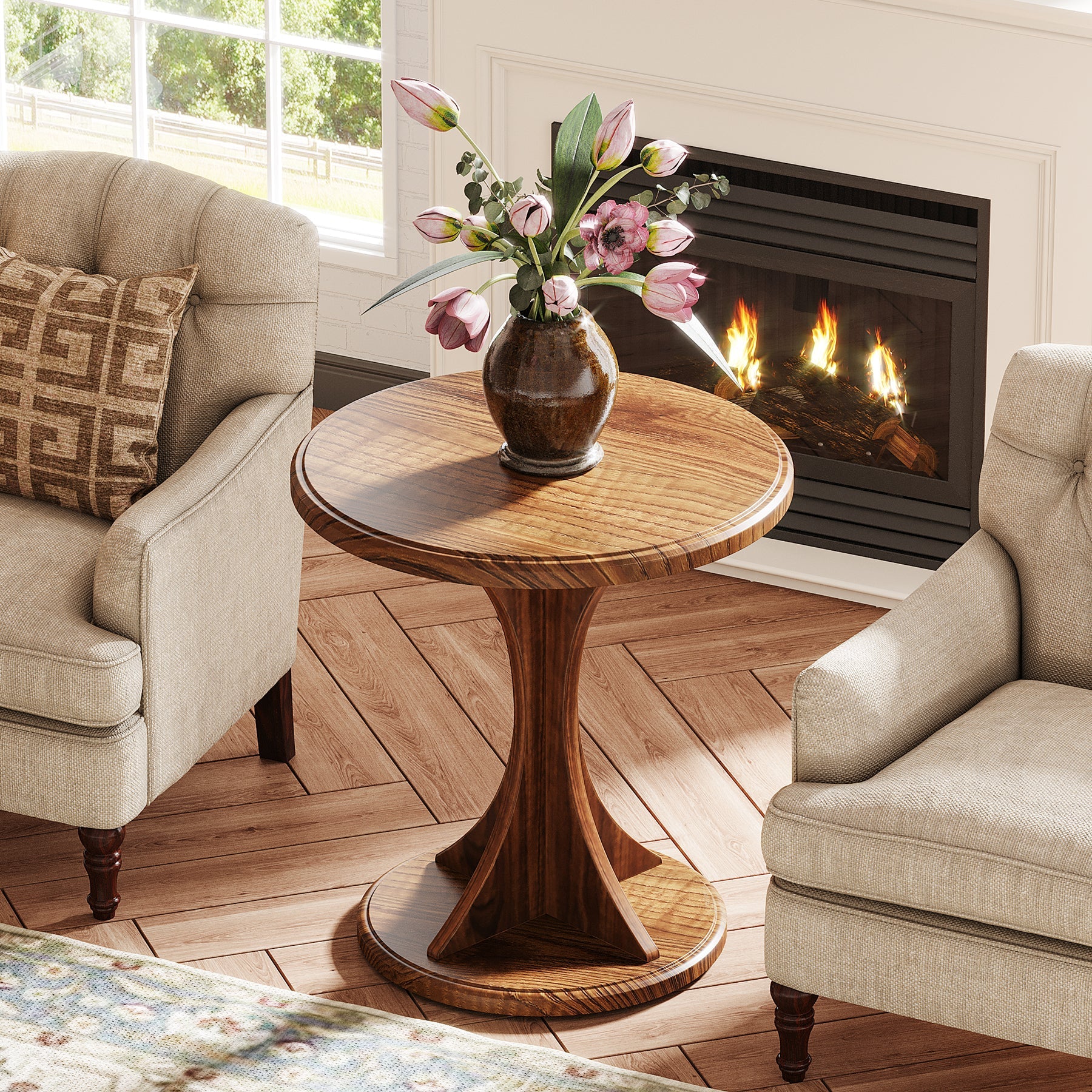 Wood End Table, Round Sofa Side Table Vintage Nightstand Tribesigns