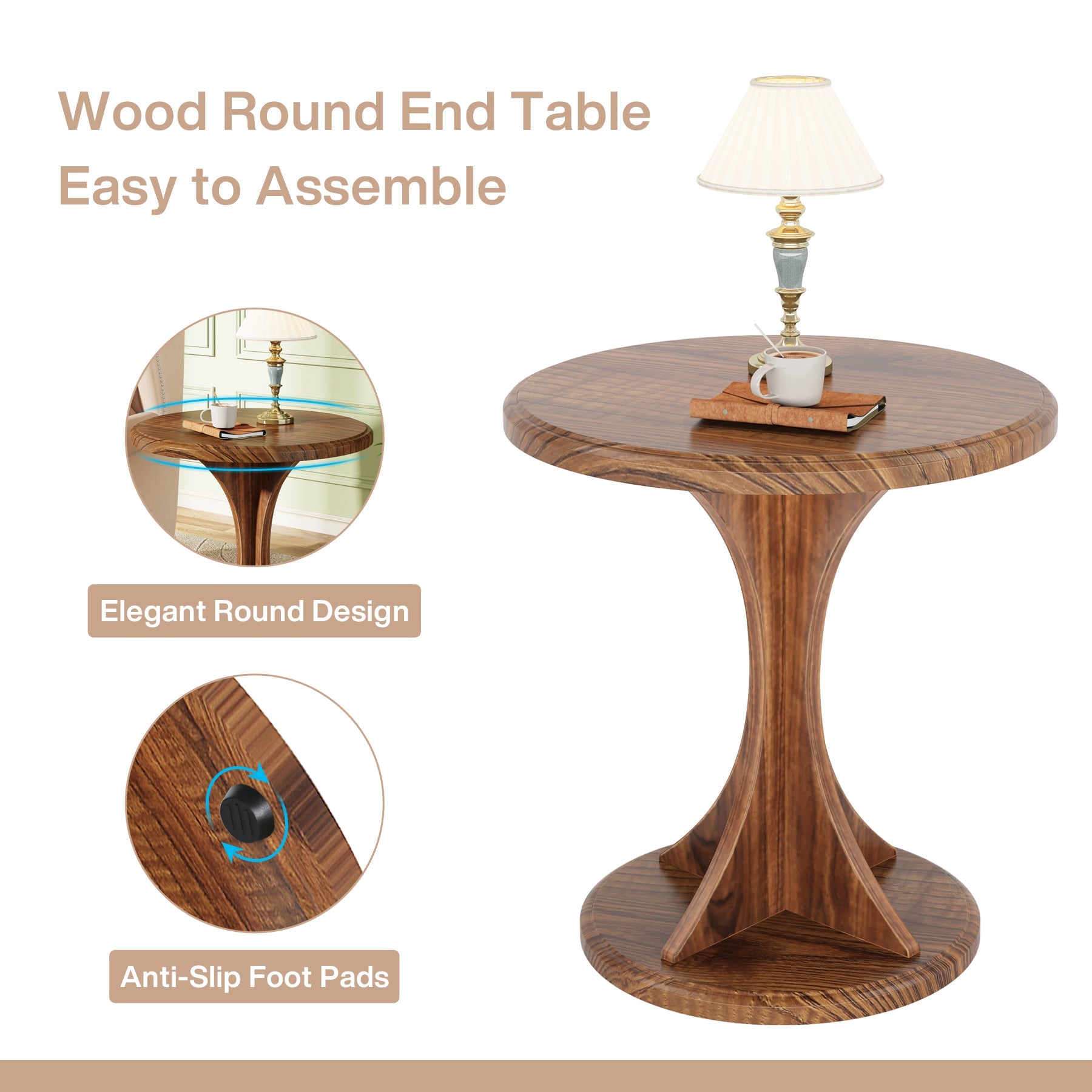 Wood End Table, Round Sofa Side Table Vintage Nightstand Tribesigns