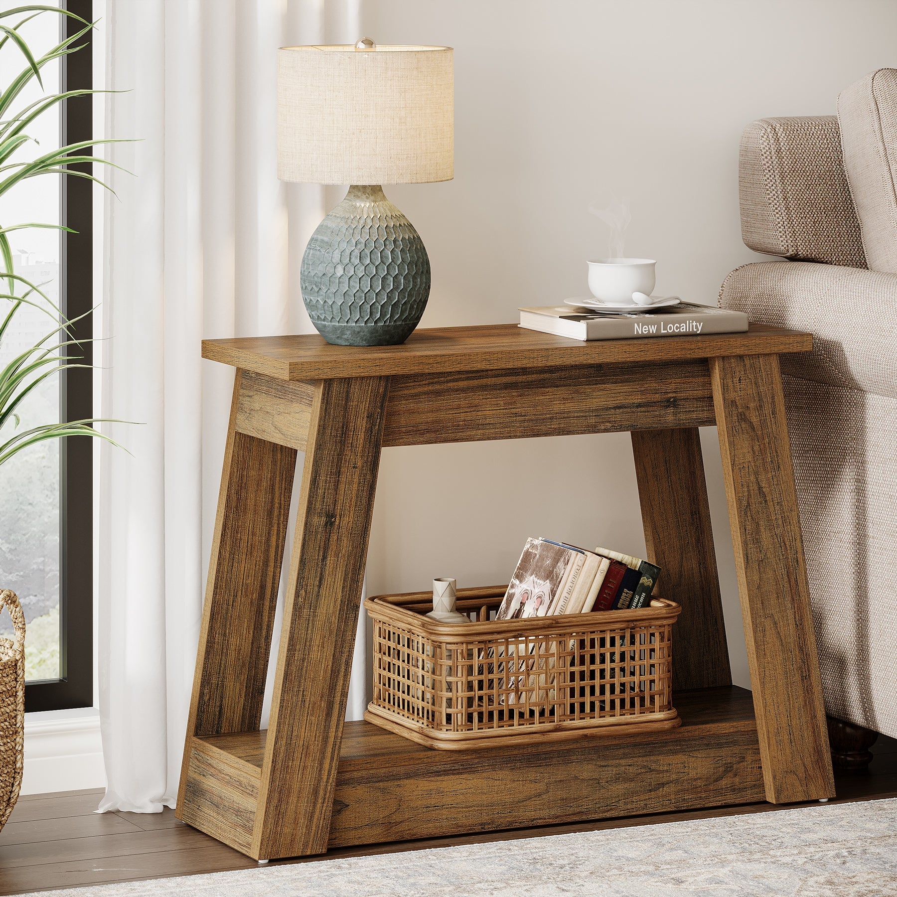 Wood End Table, Small Side Table With 2 Storage Shelves Tribesigns