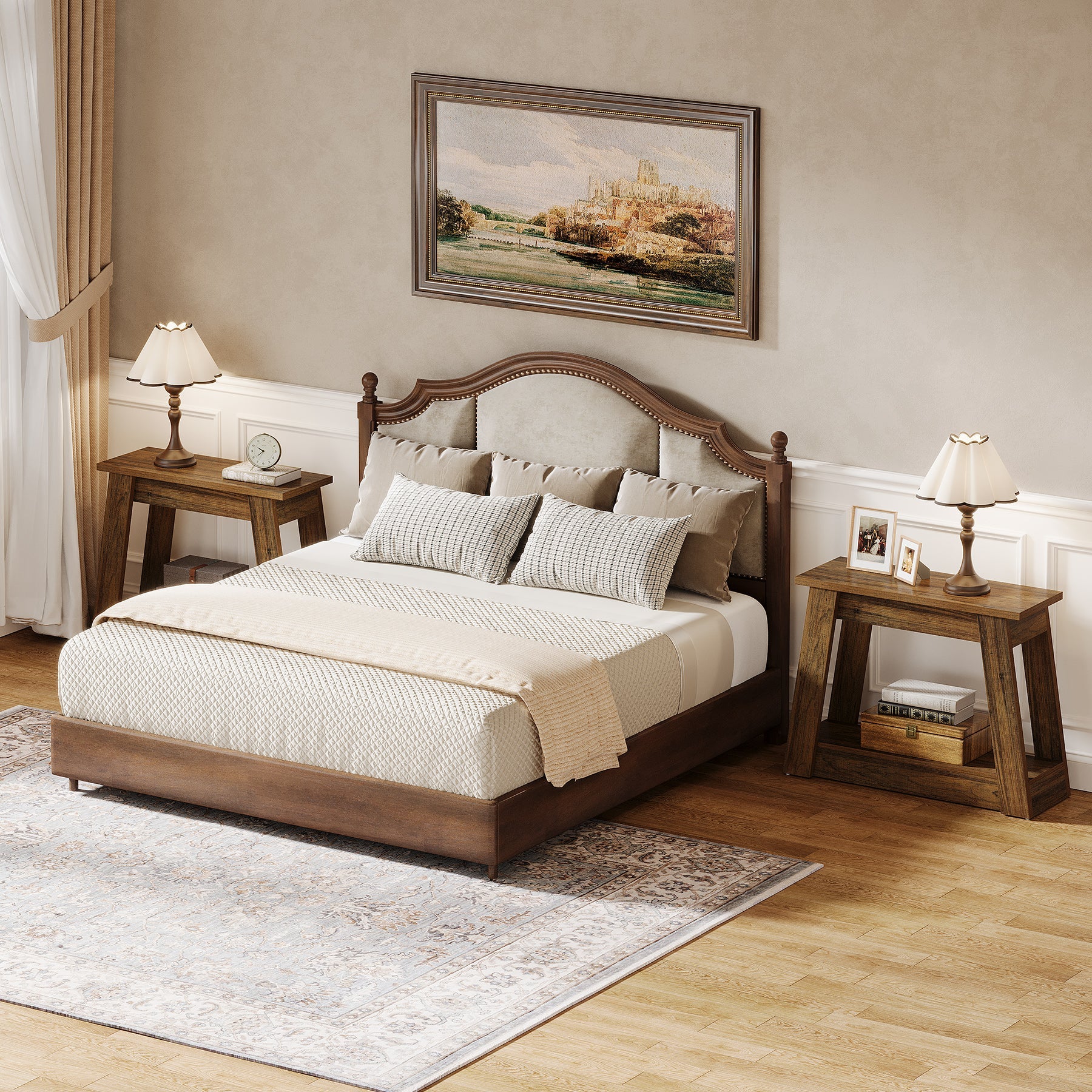 Wood End Table, Small Side Table With 2 Storage Shelves Tribesigns