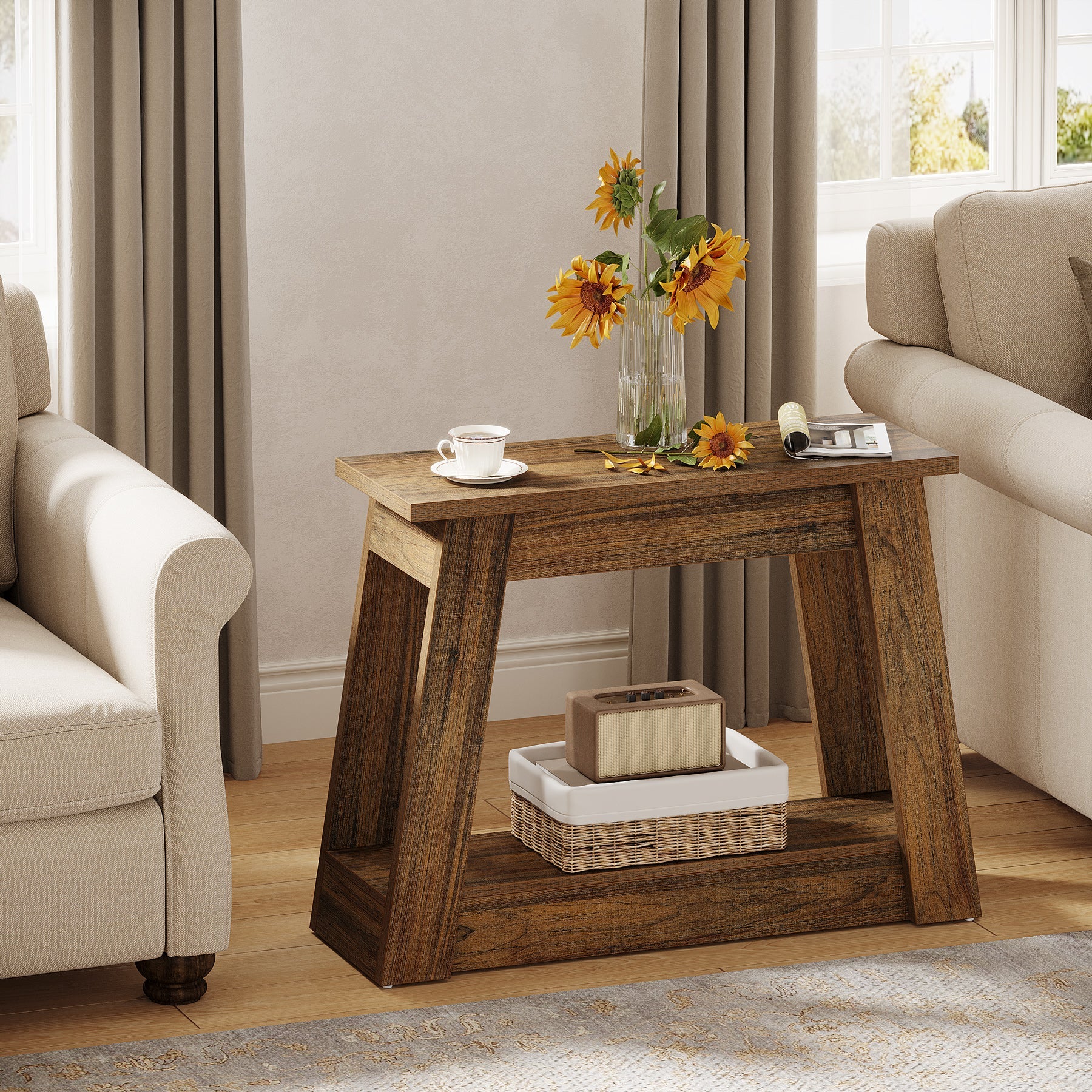 Wood End Table, Small Side Table With 2 Storage Shelves Tribesigns