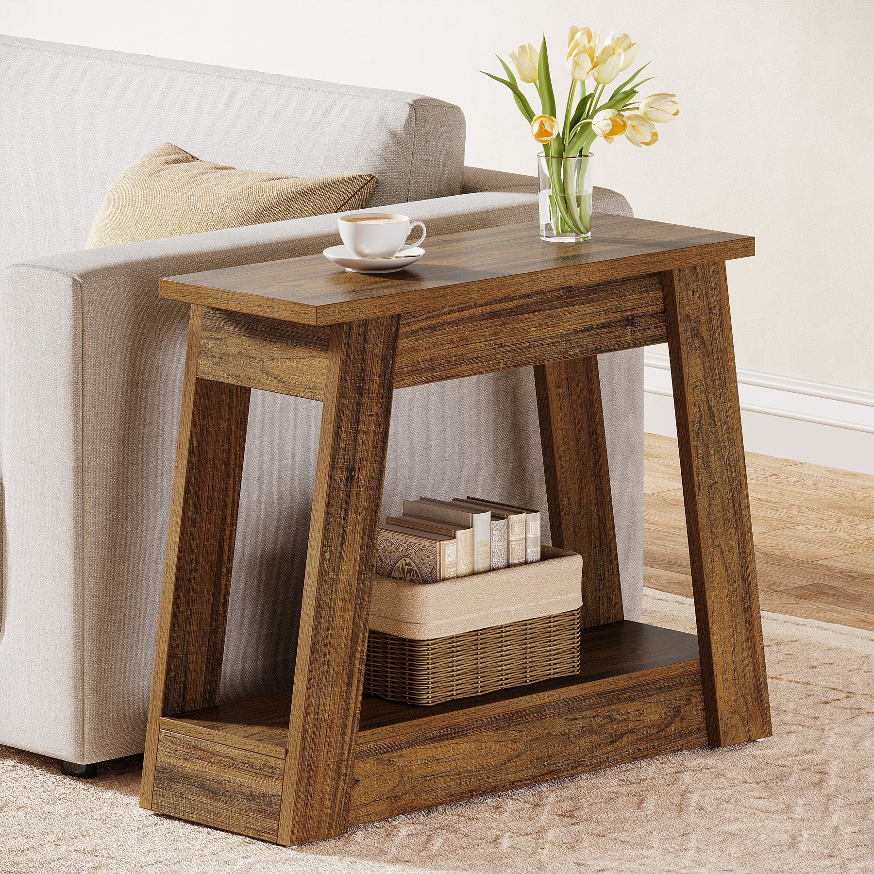 Wood End Table, Small Side Table With 2 Storage Shelves Tribesigns
