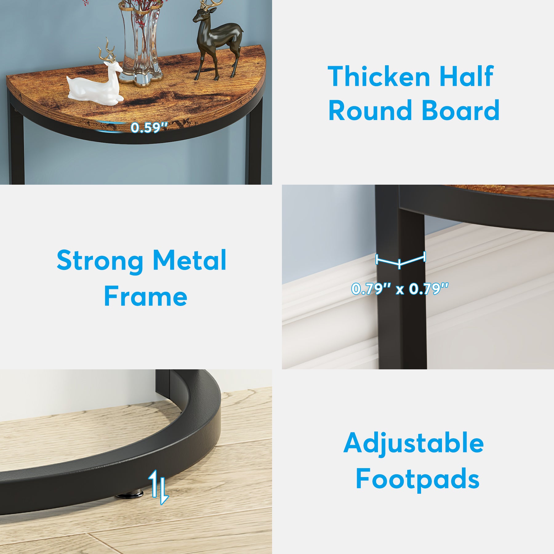 End Table, Half Round Narrow Side Table with Metal Frame Tribesigns