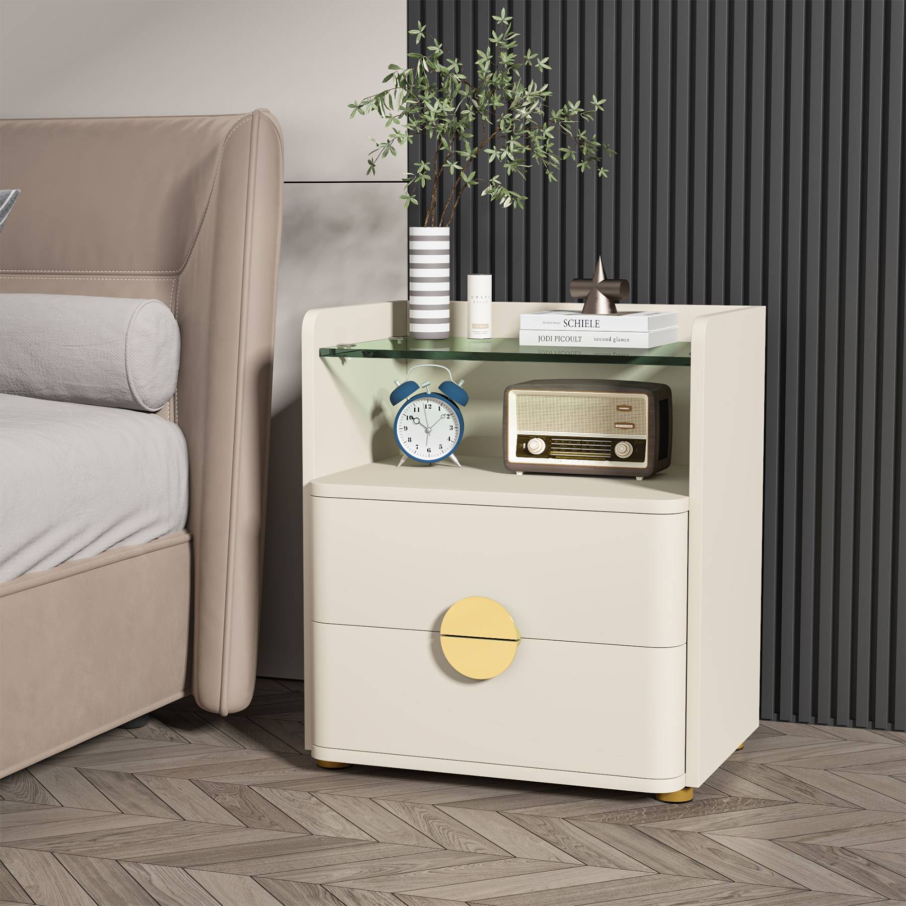 Nightstand, 2-Drawer Modern Bedside Table with Open Storage Tribesigns
