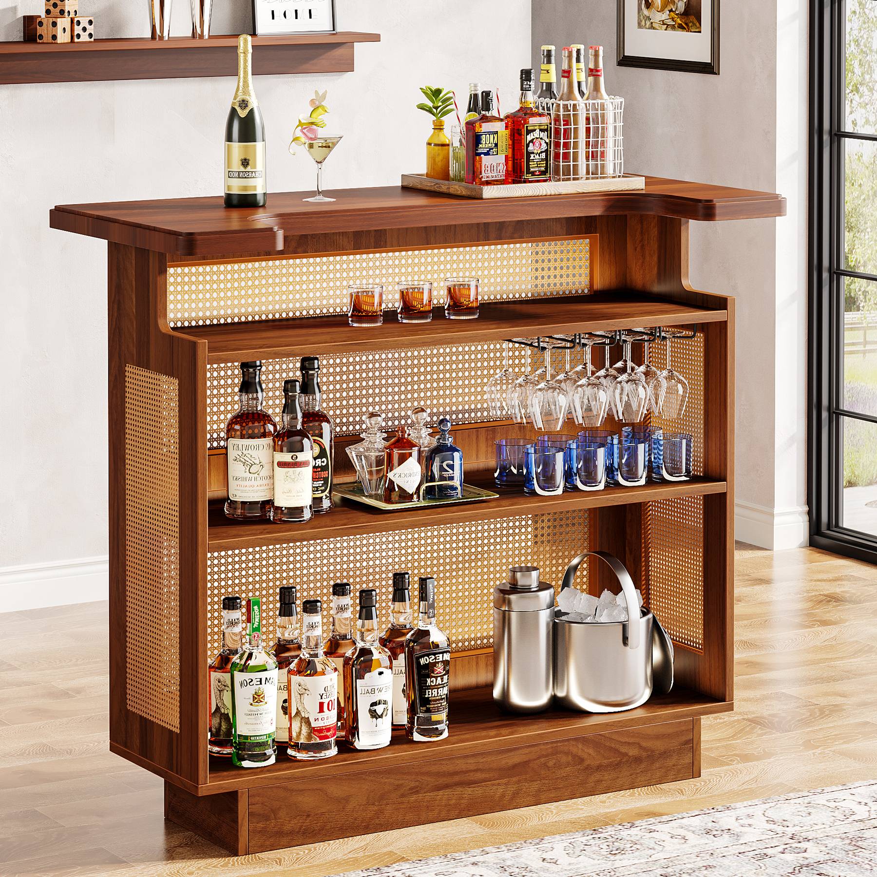 Bar Unit, 4-Tier Rattan Liquor Wine Bar Cabinet with Stemware Racks Tribesigns