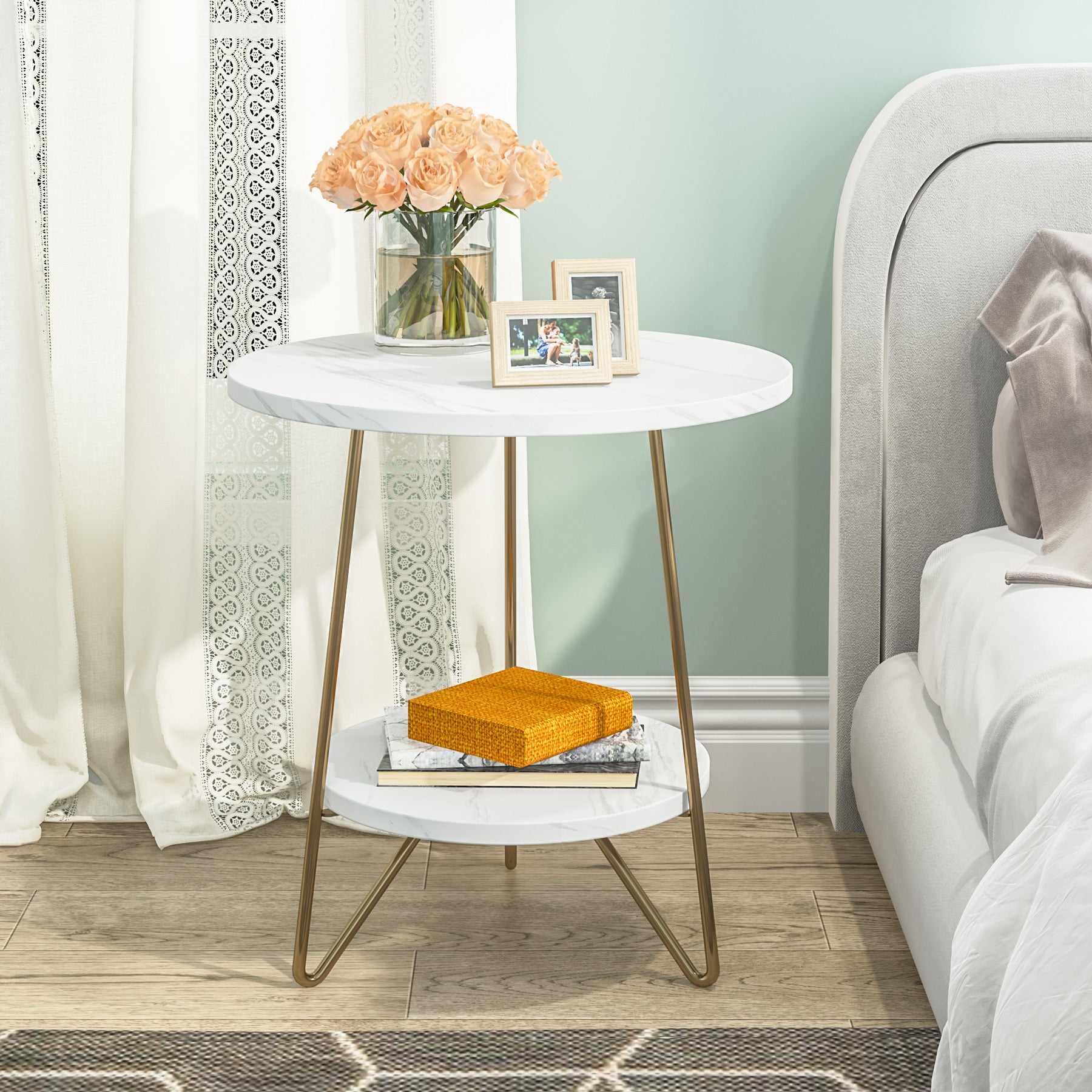 Faux Marble End Table, 2 Tier Round Sofa Bedside Table with Shelves Tribesigns