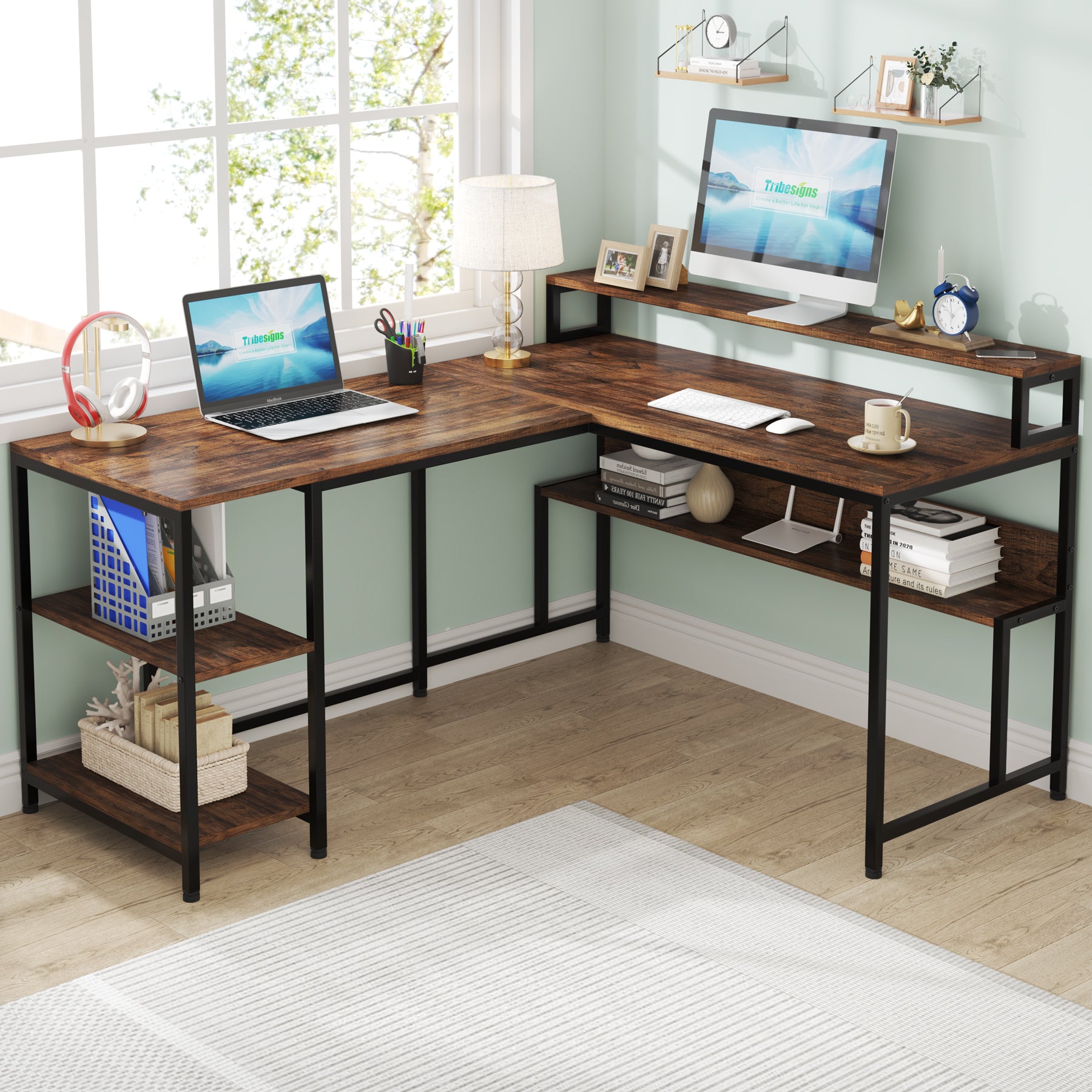 Tribesigns L-Shaped Desk, Reversible Corner Desk with Shelves & Monitor Stand Tribesigns