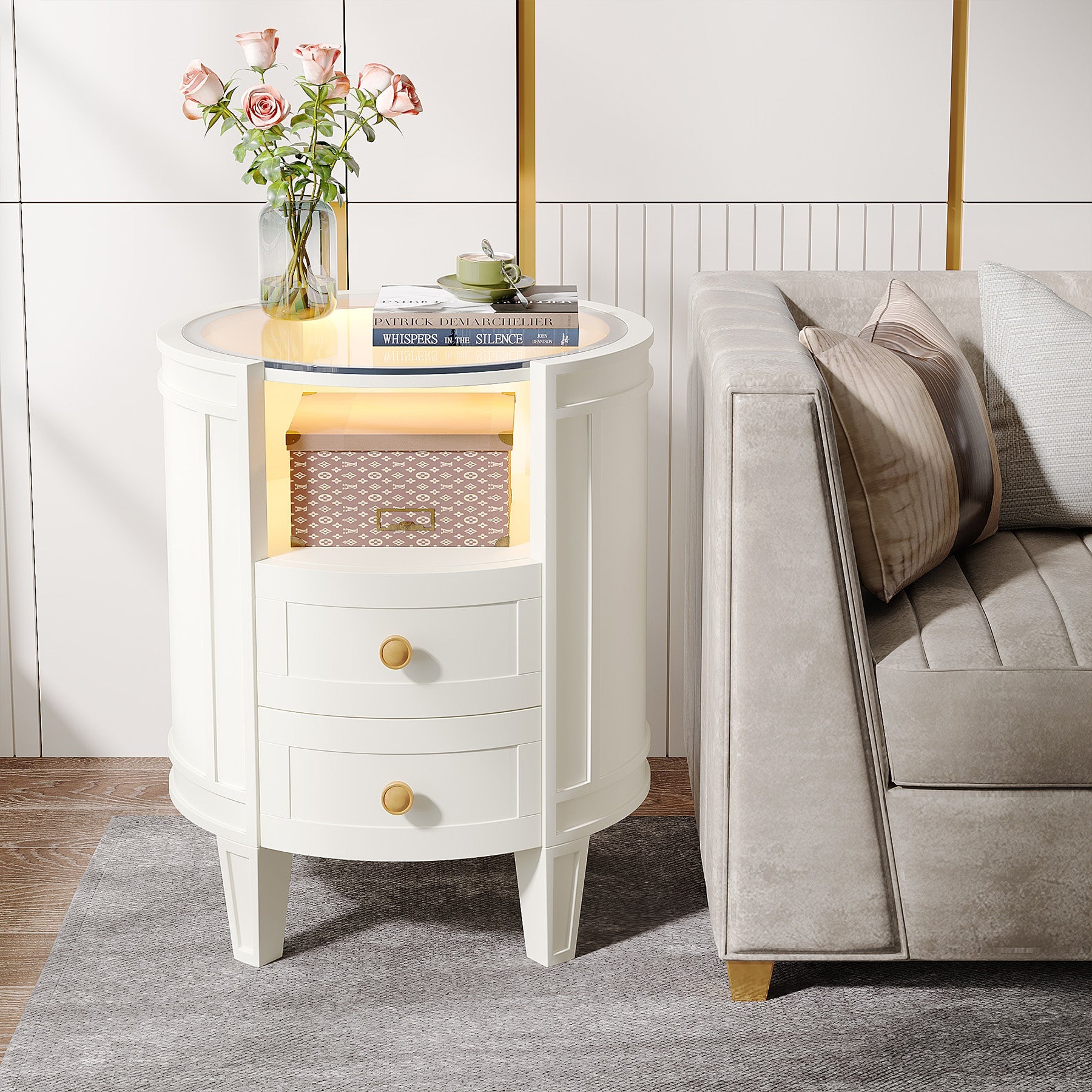 2-Drawer Nightstand with LED Light, Modern Side Table with Glass Tabletop Tribesigns