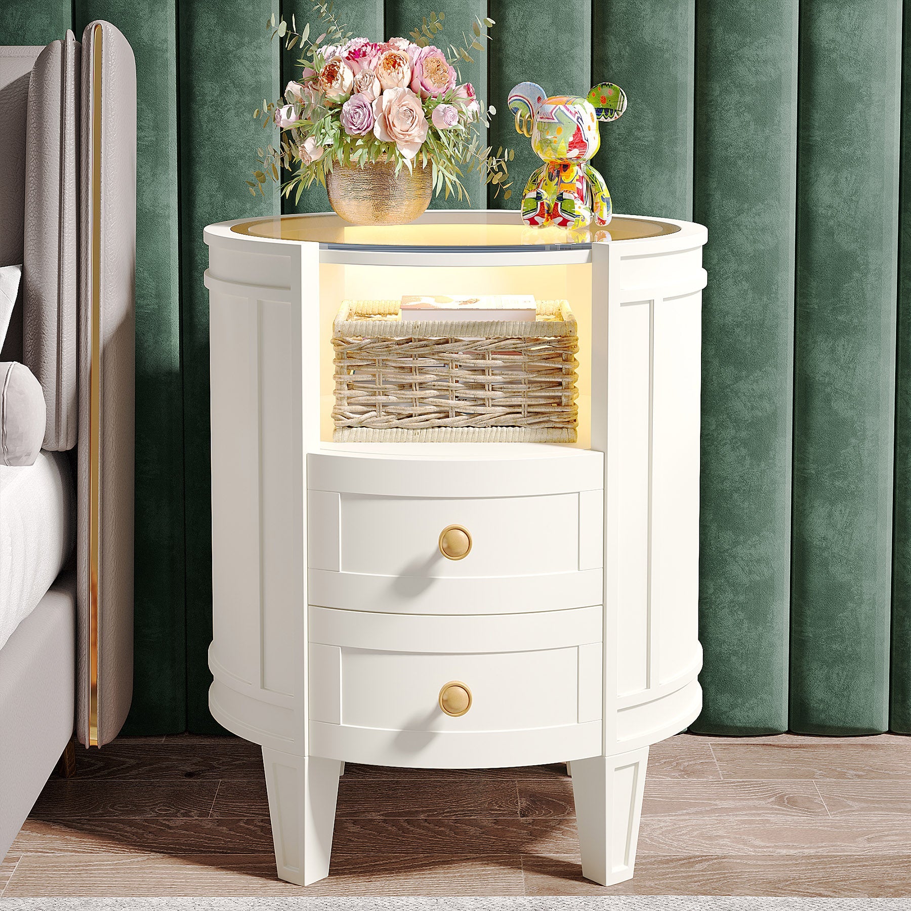 Tribesigns 2-Drawer Nightstand with LED Light Glass Tabletop