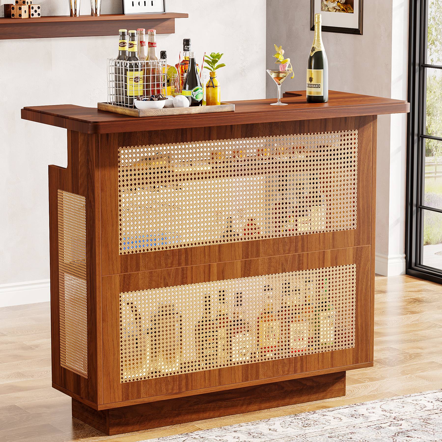 Tribesigns 4-Tier Rattan Home Bar Unit Bar Cabinet with Stemware