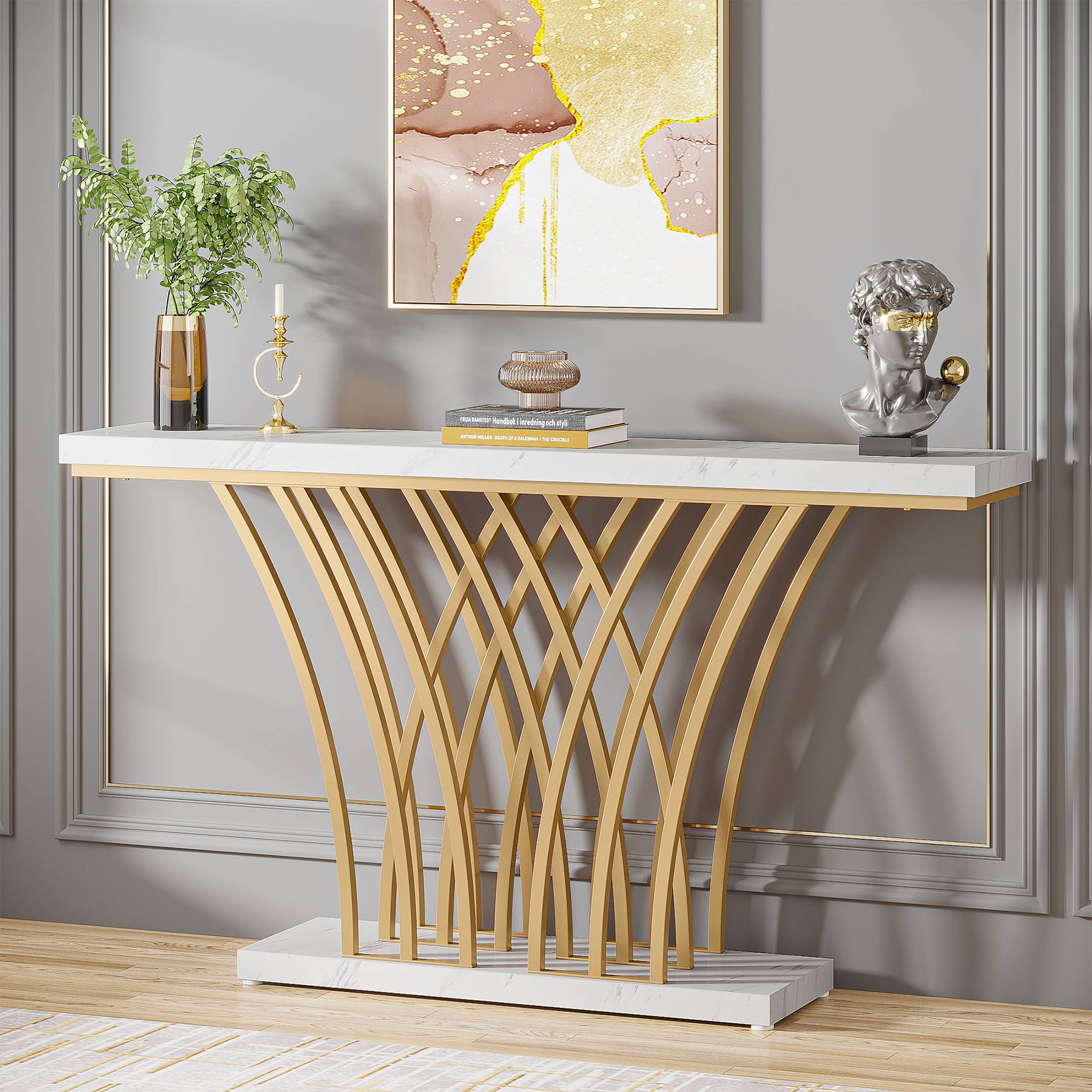 Console Table, 59 " Faux Marble Entryway Table with Geometric Metal Base Tribesigns