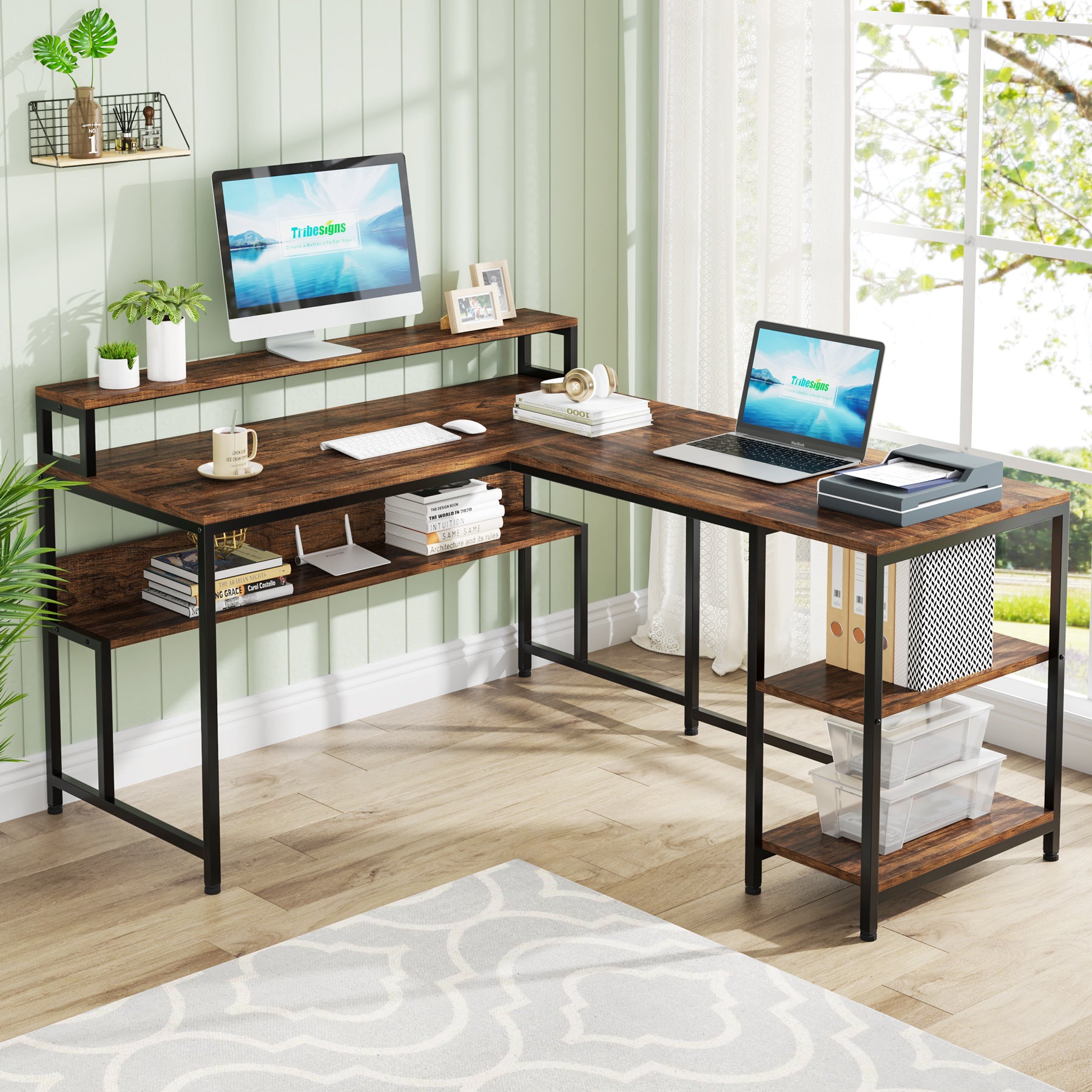 Tribesigns L-Shaped Desk, Reversible Corner Desk with Shelves & Monitor Stand Tribesigns