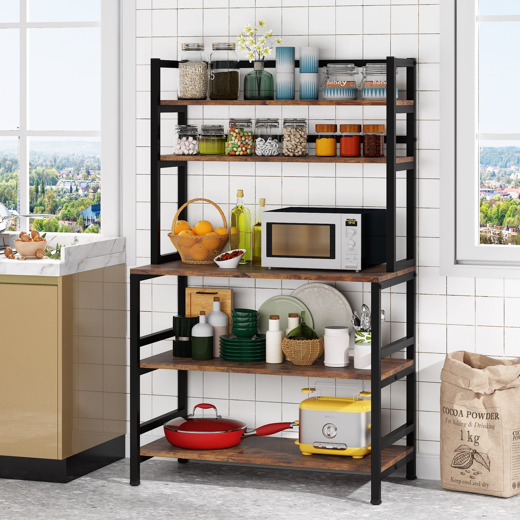 Tribesigns's Kitchen Baker's Rack, 5-Tier Microwave Oven Stand with Hutch, brown color.