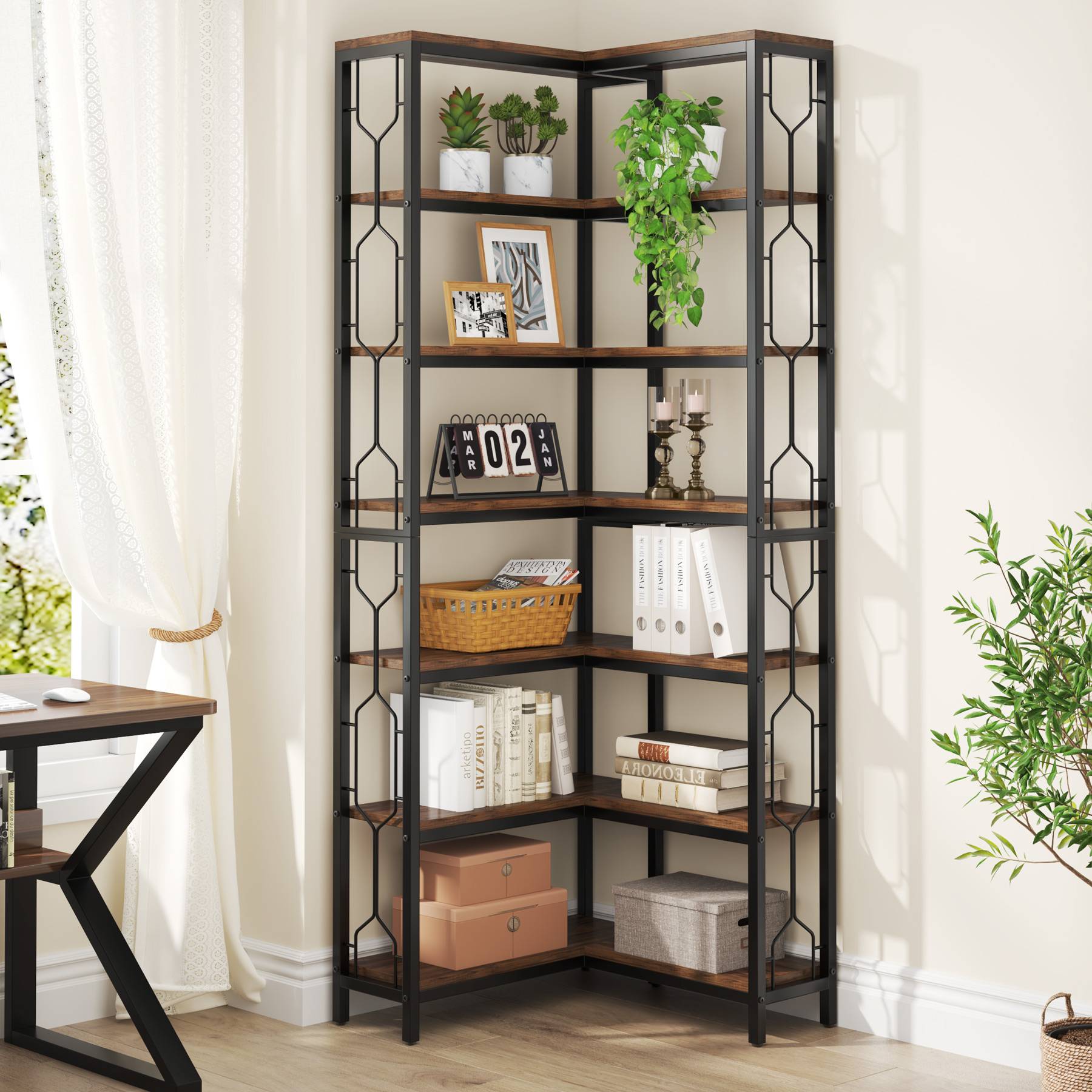 Corner Bookshelf, 7-Tier Industrial Corner Etagere Bookcase Tribesigns