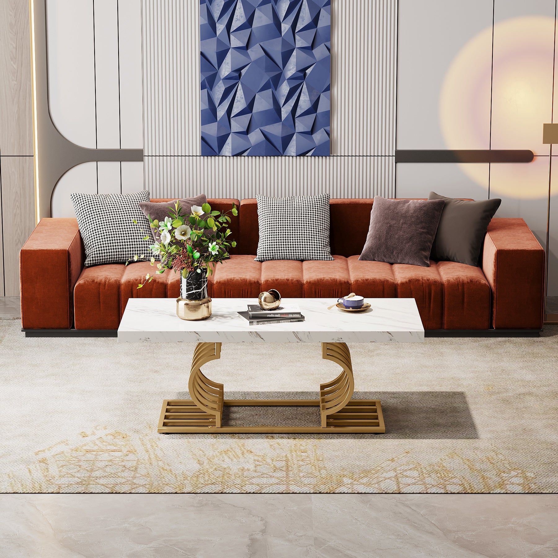 Coffee Table, 47" Faux Marble Cocktail Table with Geometric Frame Tribesigns