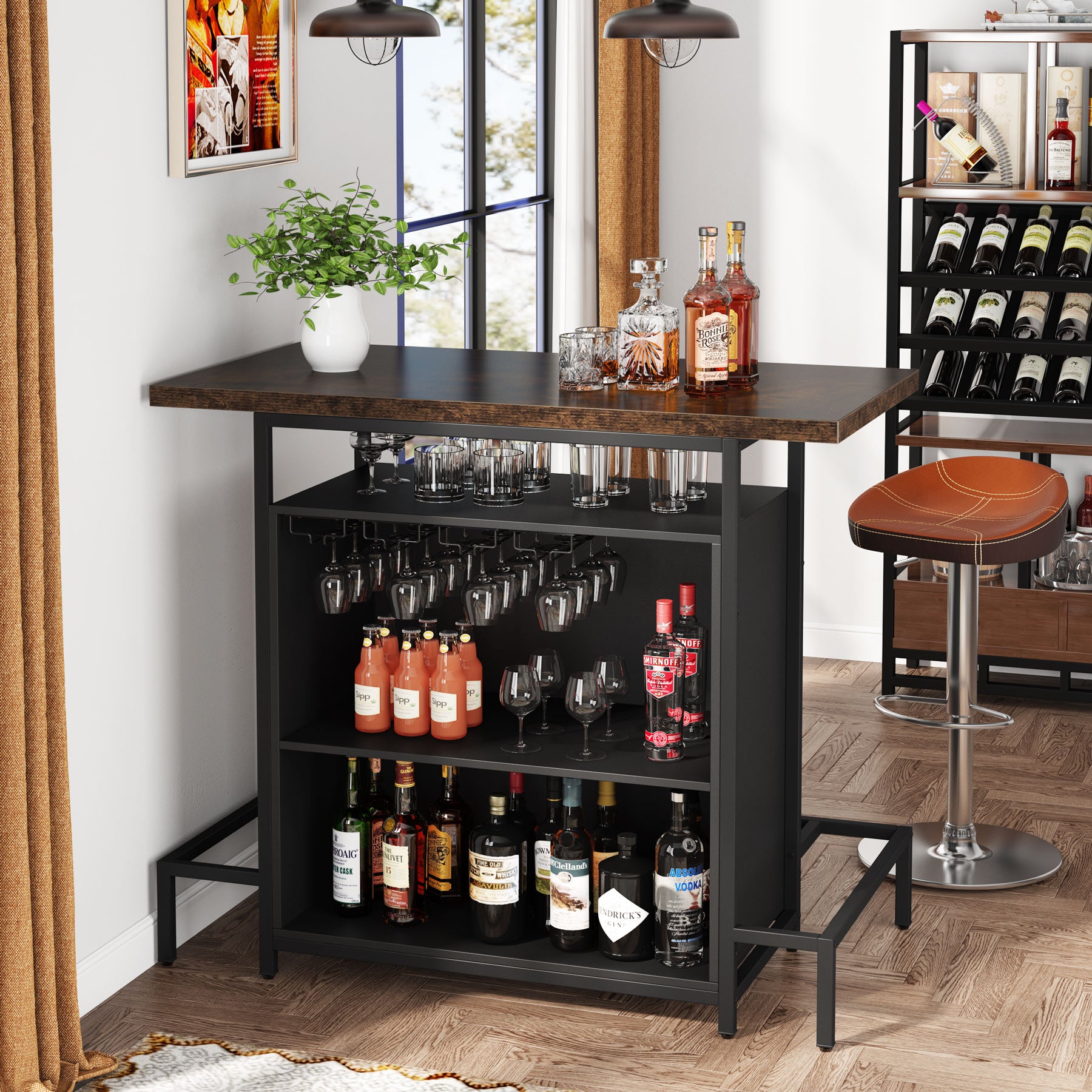 Home Bar Unit, Industrial 3-Tier Liquor Bar Table with Glasses Holder Tribesigns
