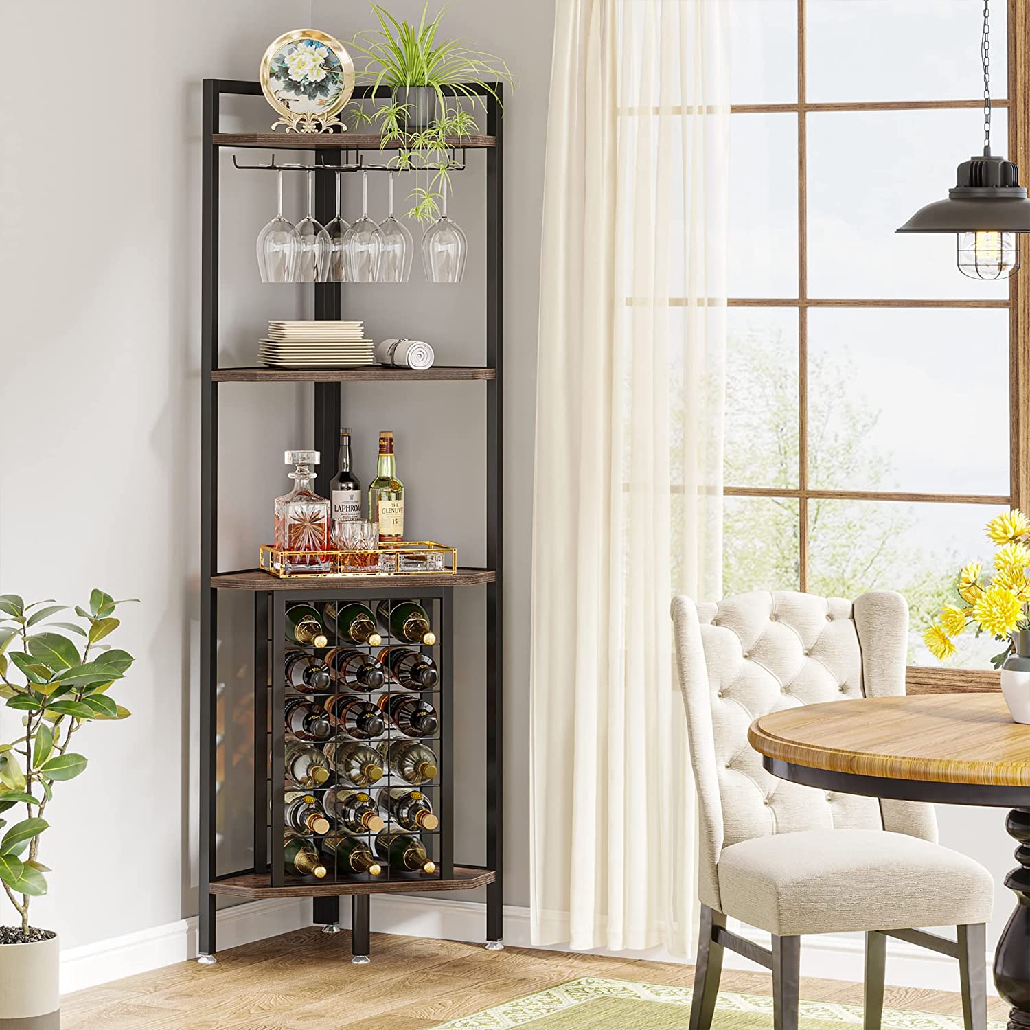 Wine Rack, 4 Tier Corner Shelf with Glass Holder Tribesigns