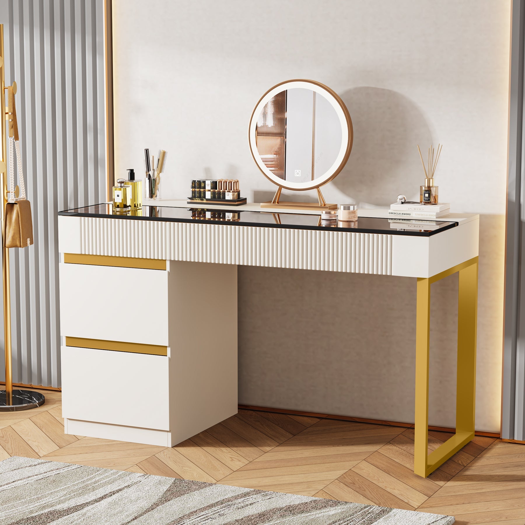 4-Drawer Makeup Vanity, Modern Dressing Table with Glass Desktop(Without Mirror) 4-Drawer Makeup Vanity, Modern Dressing Table with Glass Desktop(Without Mirror)