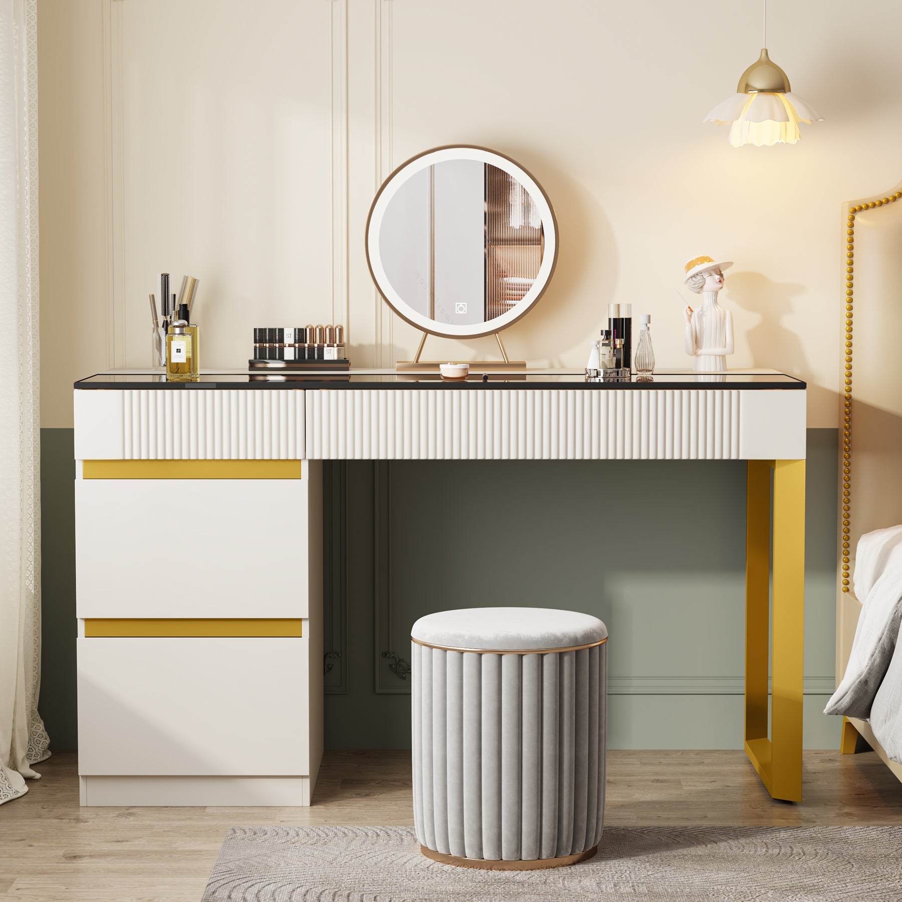 4-Drawer Makeup Vanity, Modern Dressing Table with Glass Desktop(Without Mirror) Tribesigns