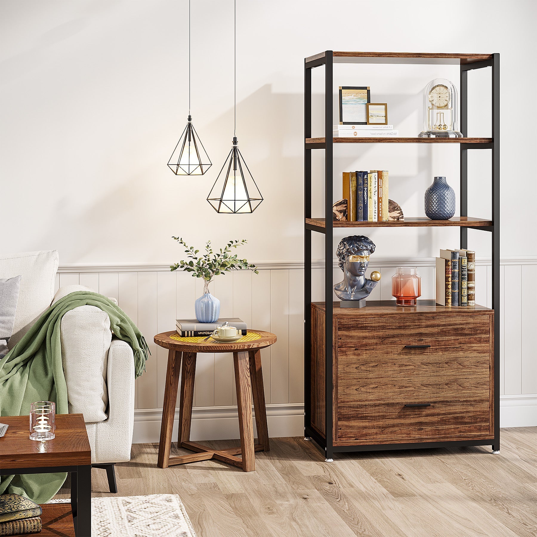 4-Tier Bookshelf Etagere Display Bookcase with 2 Drawers Tribesigns