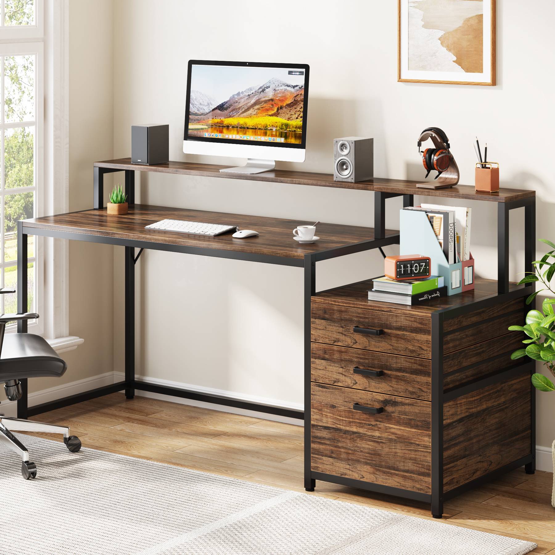 Tribesigns Computer Desk, 63" Home Office Desk with Drawers & Monitor Stand Tribesigns